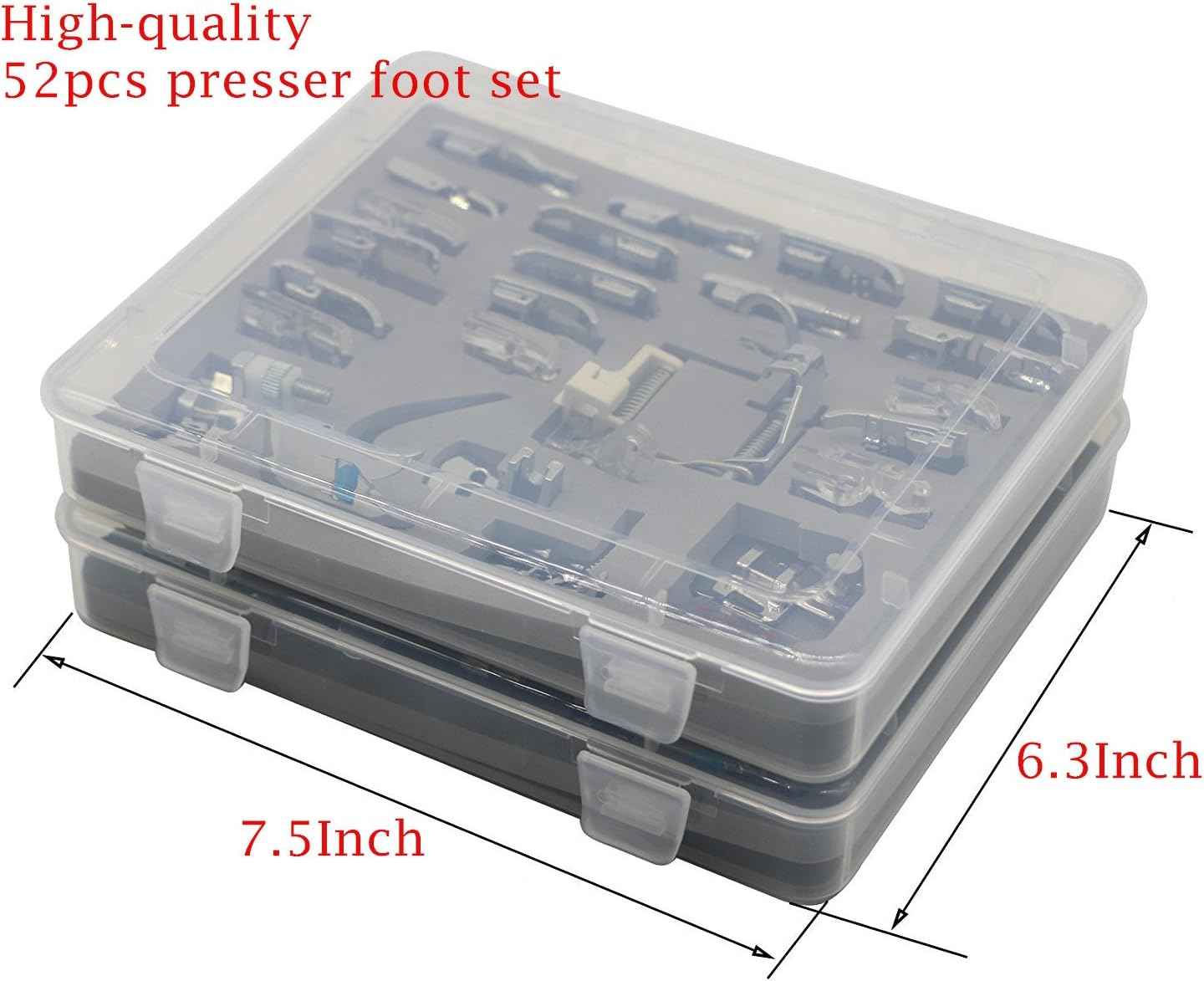 Multifunction kit 52 presser feet set in clear-lid storage case, size-marked