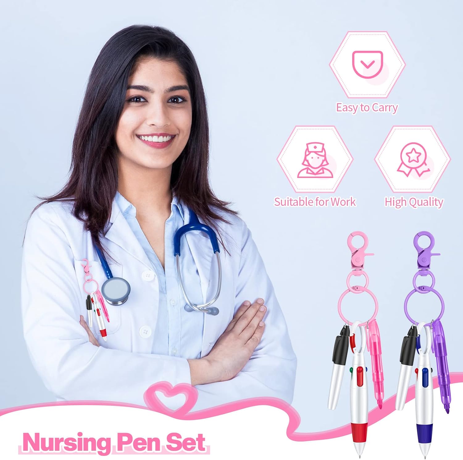 Nurse Ballpoint Highlighter Marker Pen Set with Keychain Clip