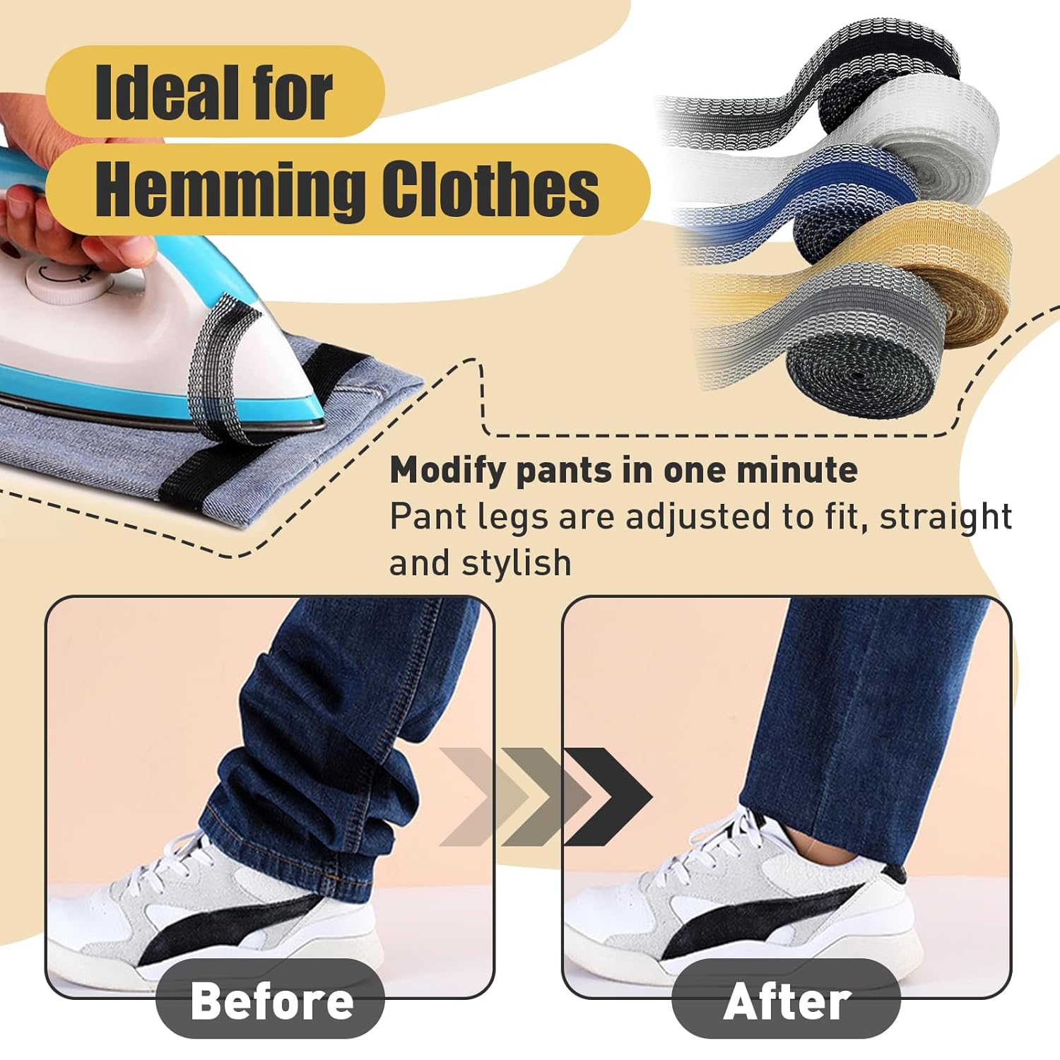 Multiple hem tape rolls, including black and grey, shown for quick cloth hemming