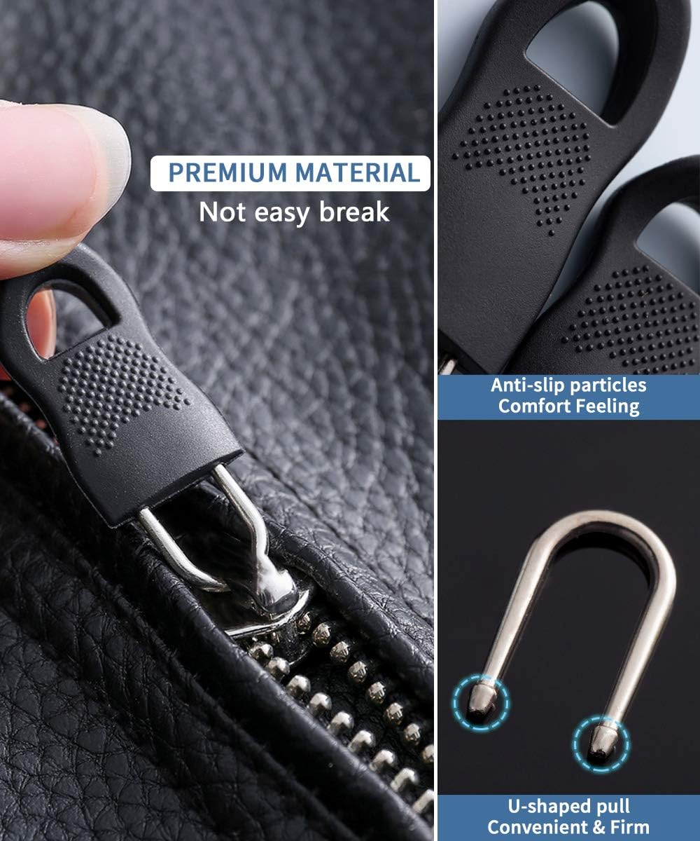 Black zipper pull with dotted anti-slip grip and metal loop attached to zipper tape