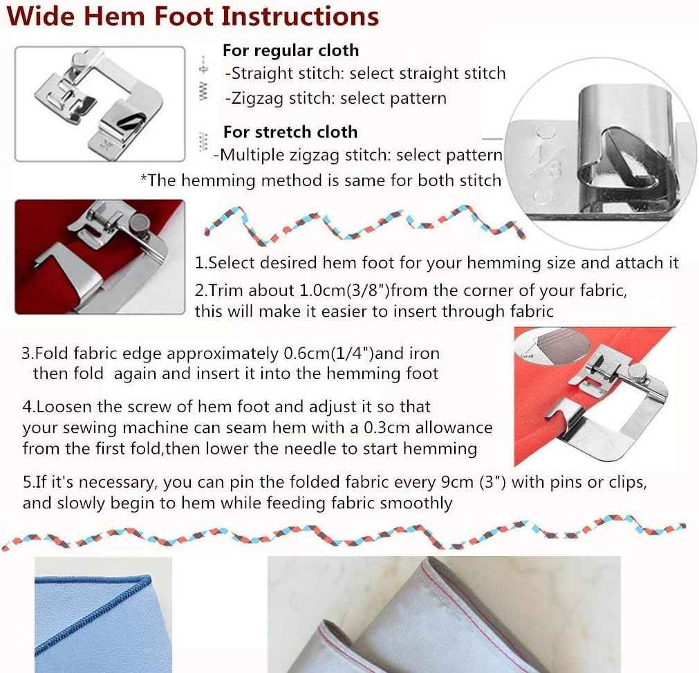 Hemmer foot sewing guide chart for rolled hems with regular and stretch stitch settings