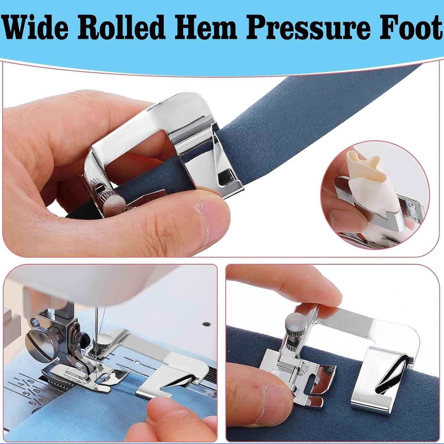 Wide rolled-hem presser foot with guide and funnel for neat rolled edges