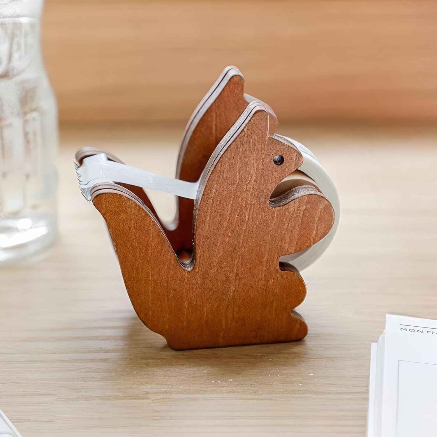 Wooden Squirrel Clear Tape Dispenser for Office & School Desktop