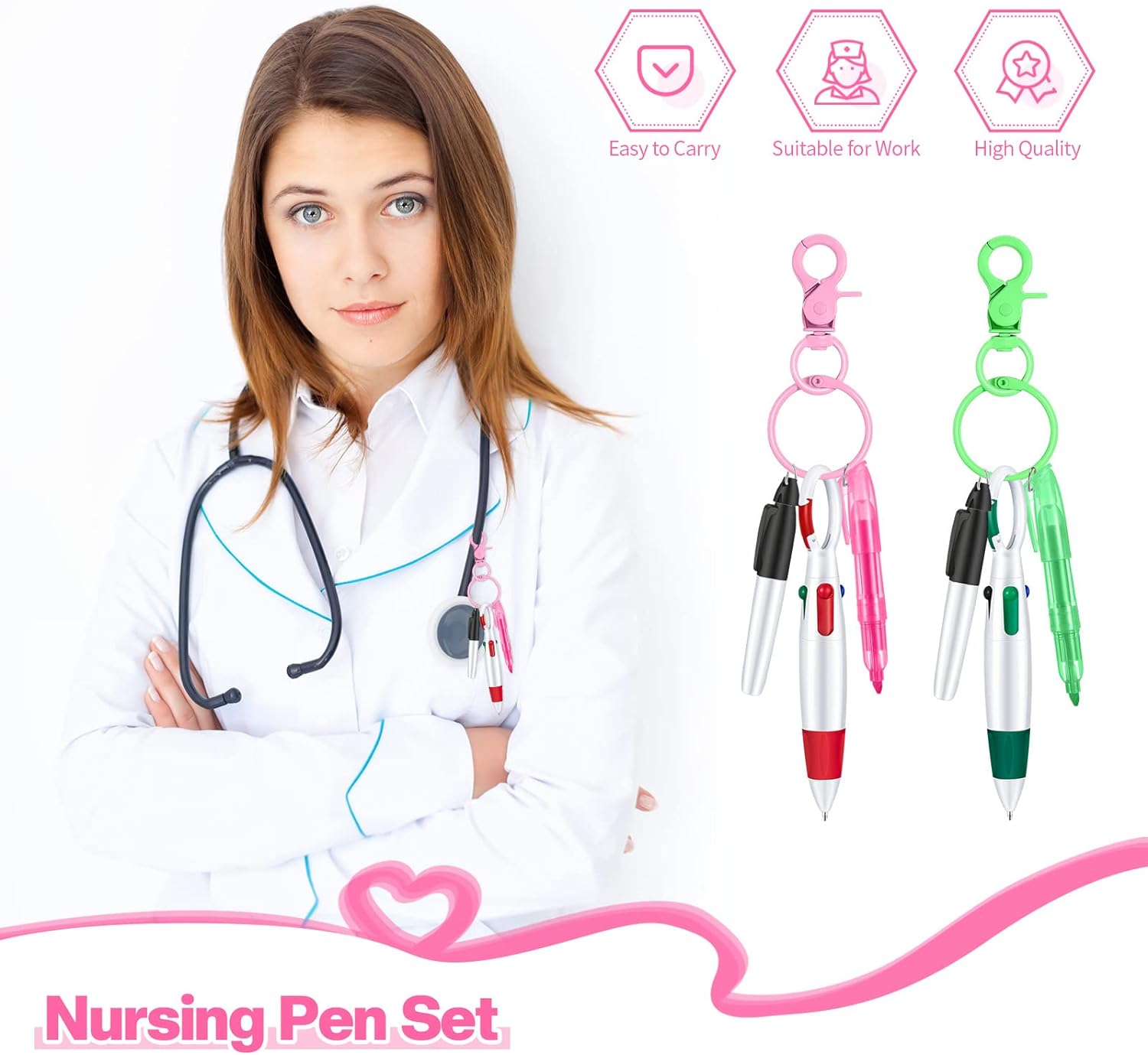 Nurse Ballpoint Highlighter Marker Pen Set with Keychain Clip