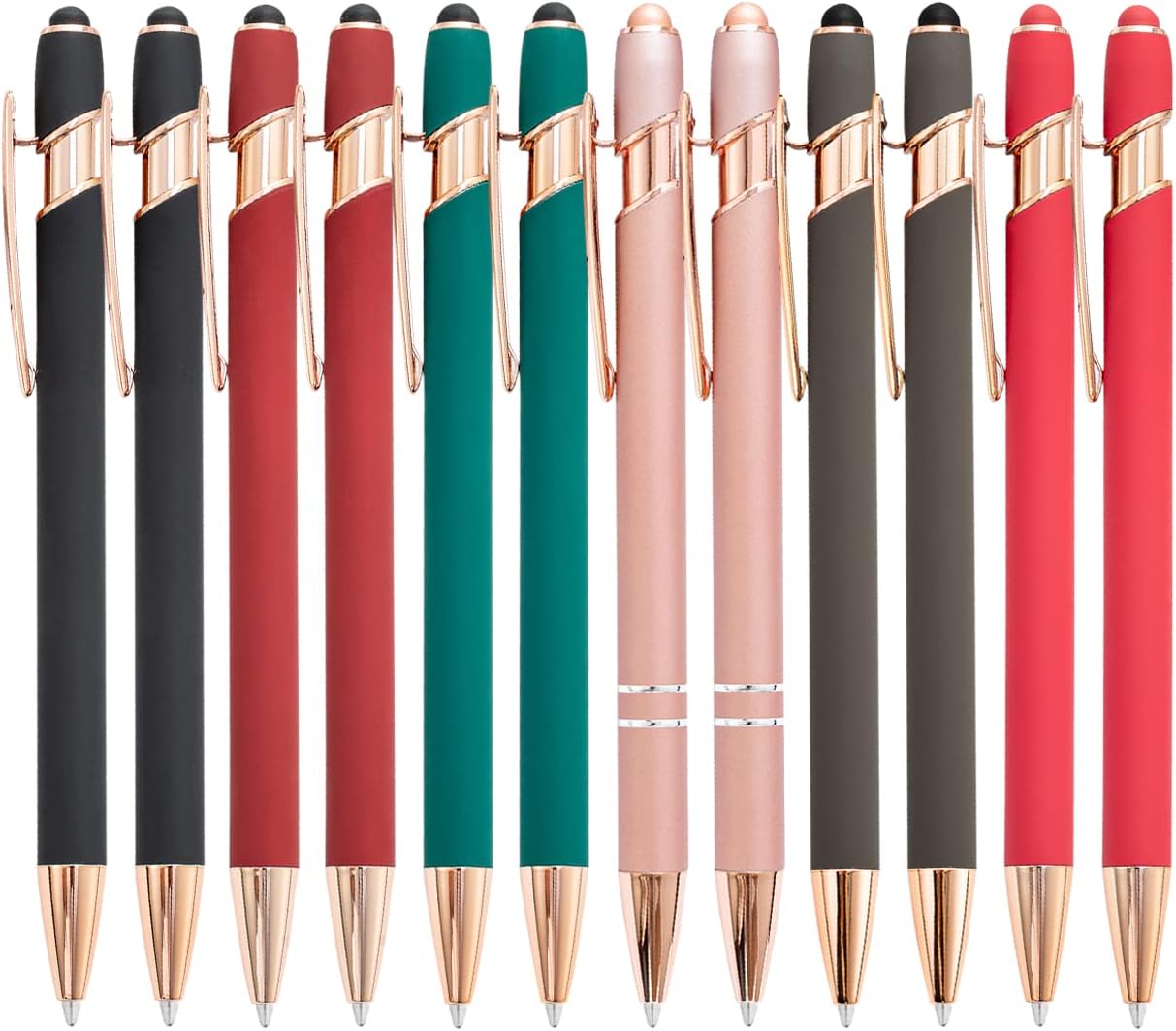 12 Pack Rainbow Rubberized Soft Touch Ballpoint Pen with Stylus Tip