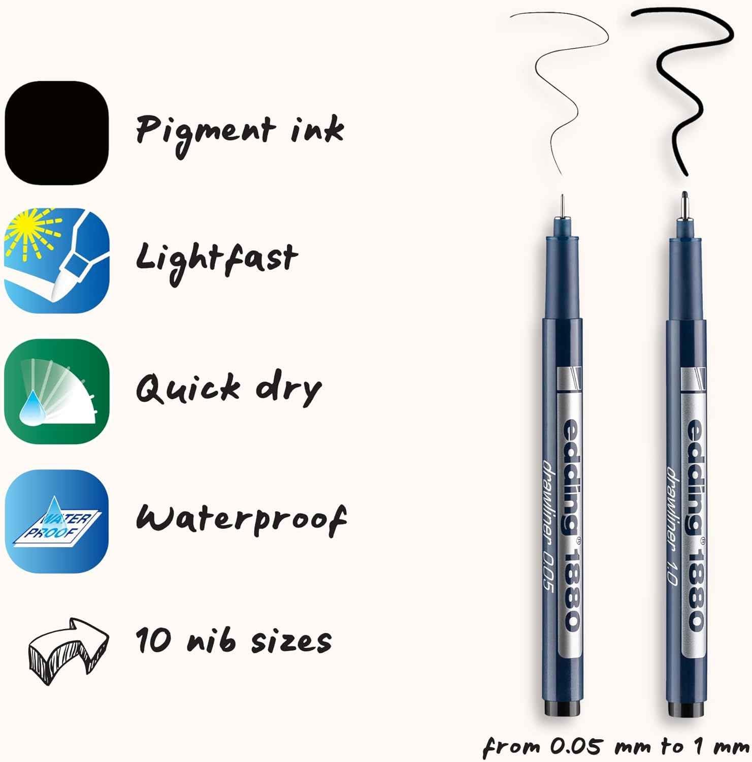 Edding 1880 Drawliner Fineliner Technical Pen Set,10 Count Black Ink