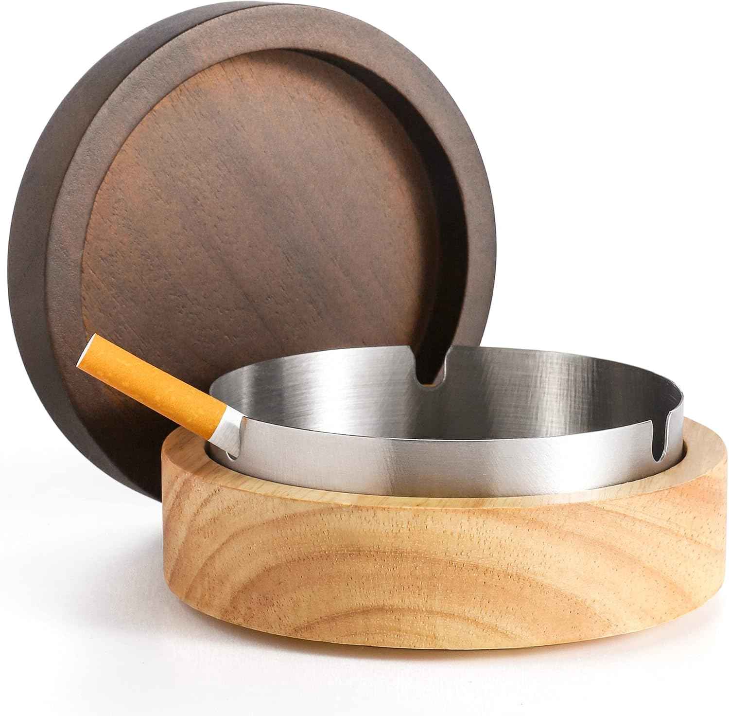 Wooden Stainless Steel Ashtray for Cigarettes with Lid