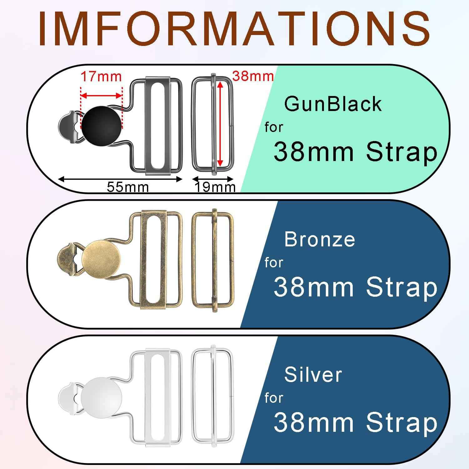 Size info for 38mm straps: gunblack, bronze, and silver metal buckle set