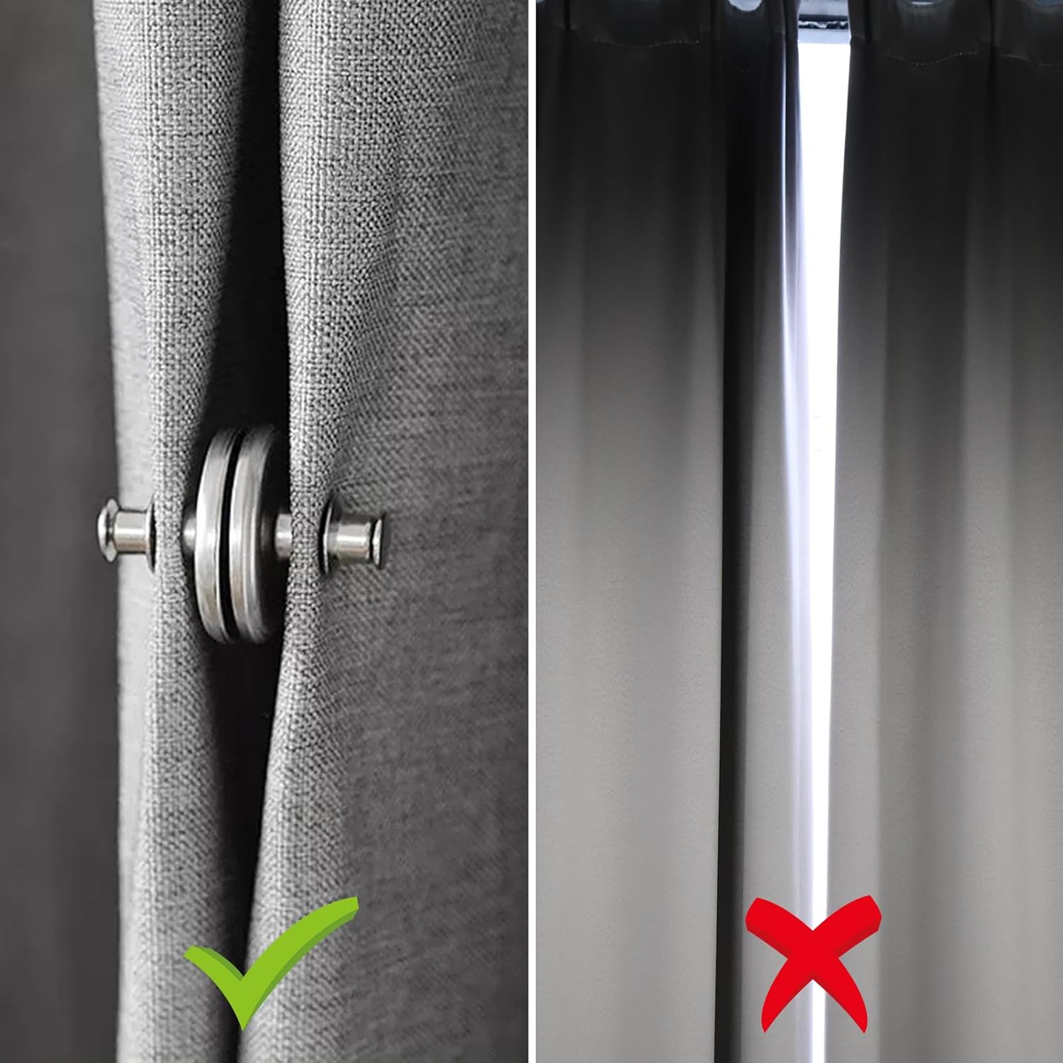 Magnetic curtain clip fastening two fabric panels together with silver rings