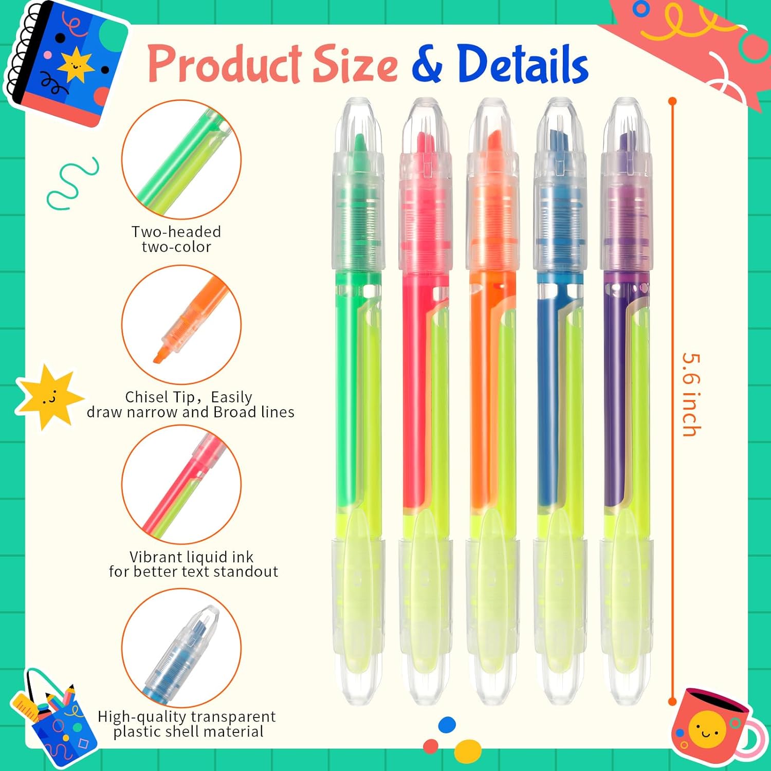 30Pcs Liquid Highlighter Pens Dual Ended 5 Colors Fluorescent