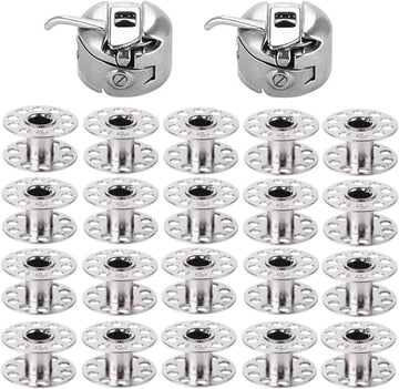 Metal bobbin case with lever and stacked silver bobbins (20 pcs)