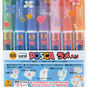 Marker de vopsea sclipici Uni Posca PC-1ML - Vârf extra fin - Set de 7 culori