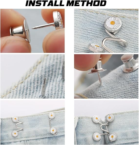 Jeans waist tightener installation on denim with snap-on button discs and loops