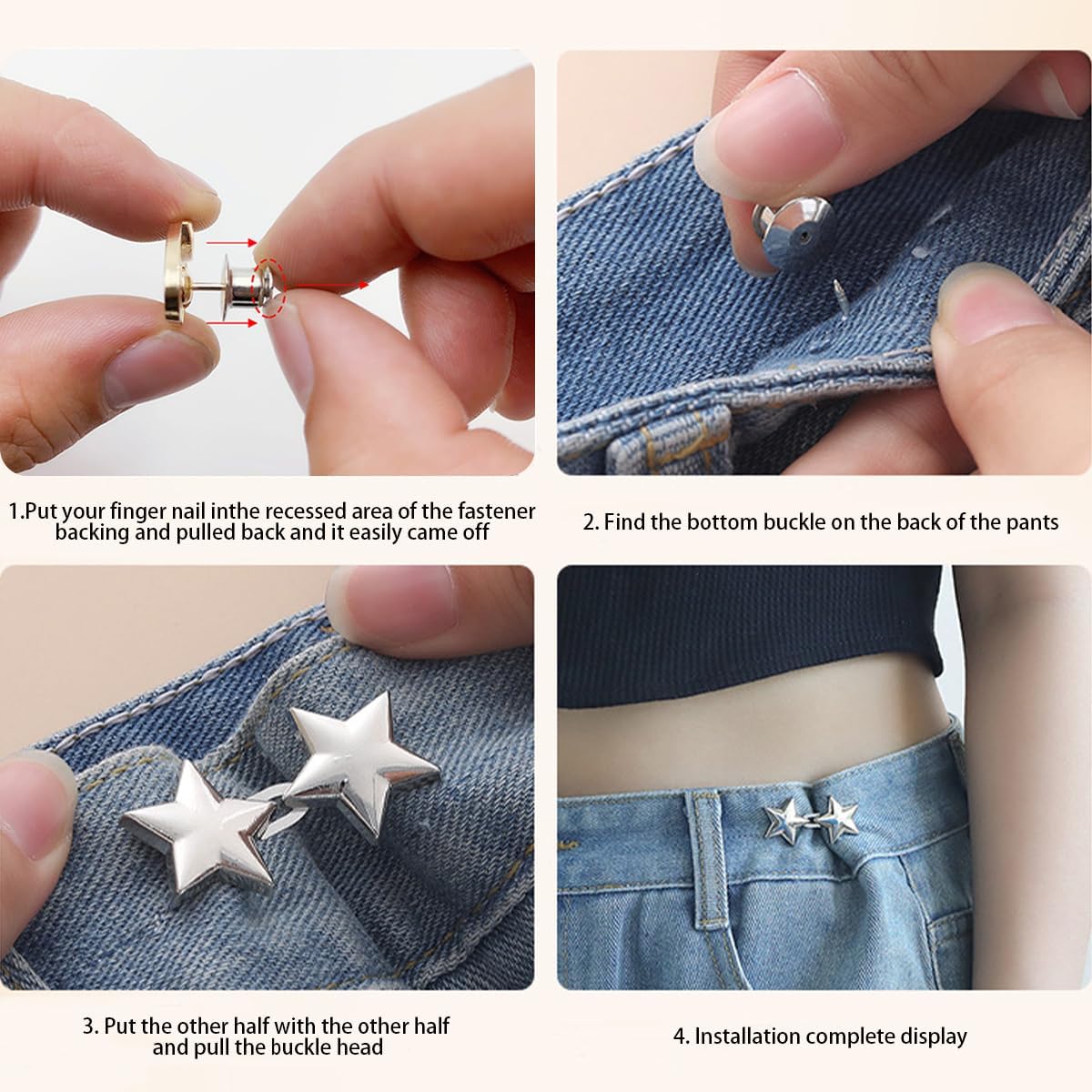No-sew snap button installation steps for star studs on denim