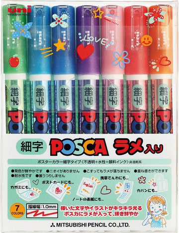 Uni Posca Μαρκαδόρος Βαφής με Γκλίτερ PC-3ML - Λεπτή Μύτη - Σετ 7 Χρωμάτων