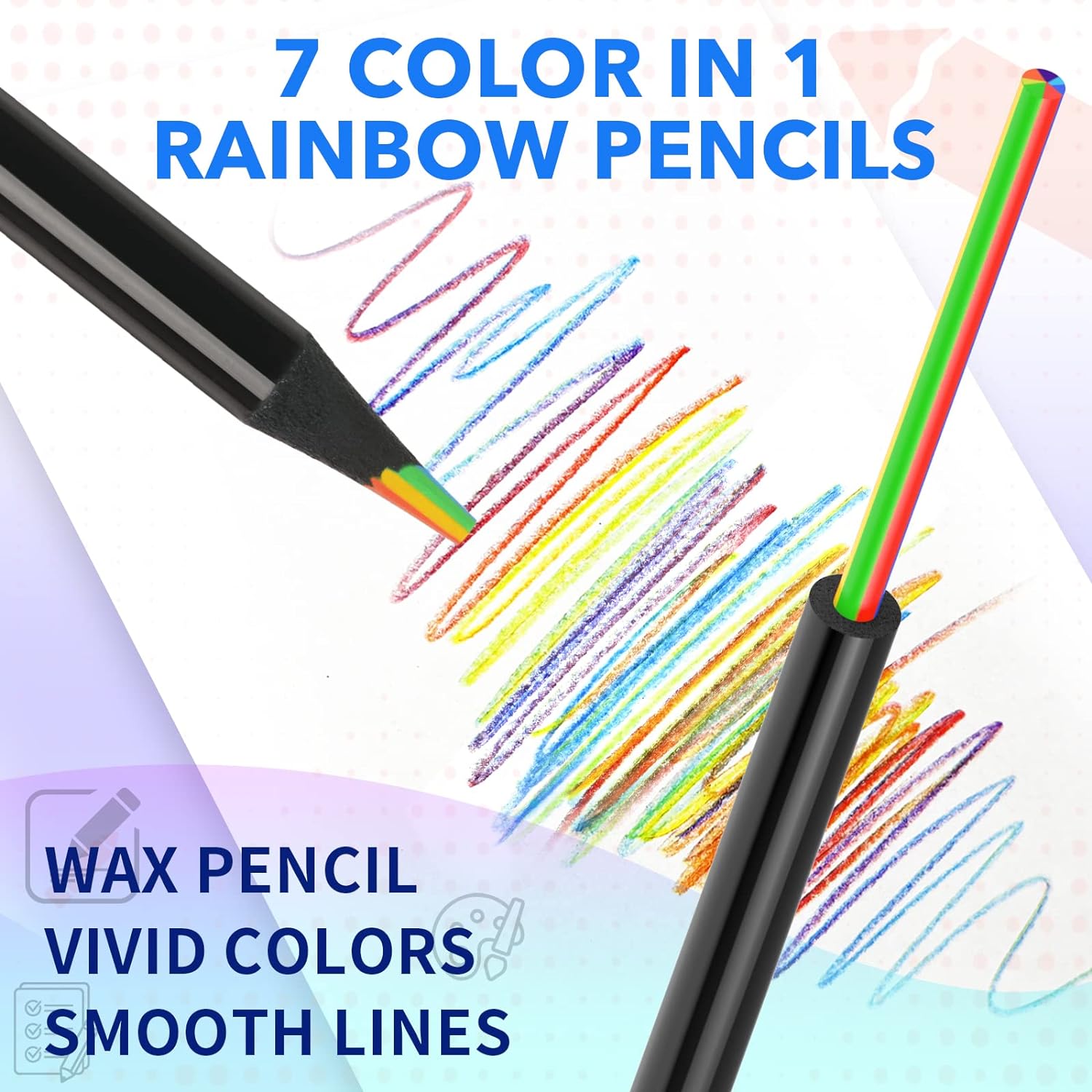 24PCS Black Wooden 7IN1 Rainbow Colored Art Drawing Pencils