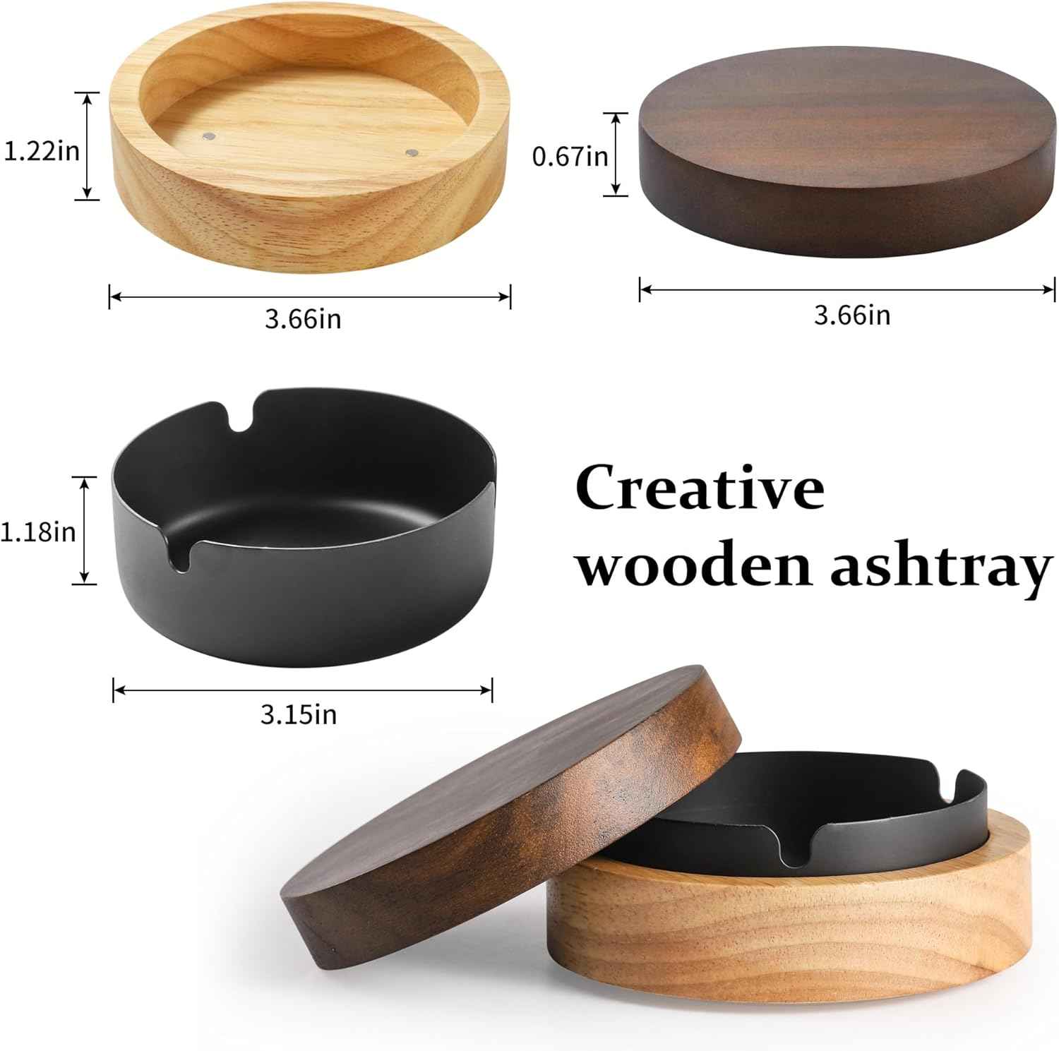 Wooden Stainless Steel Ashtray for Cigarettes with Lid
