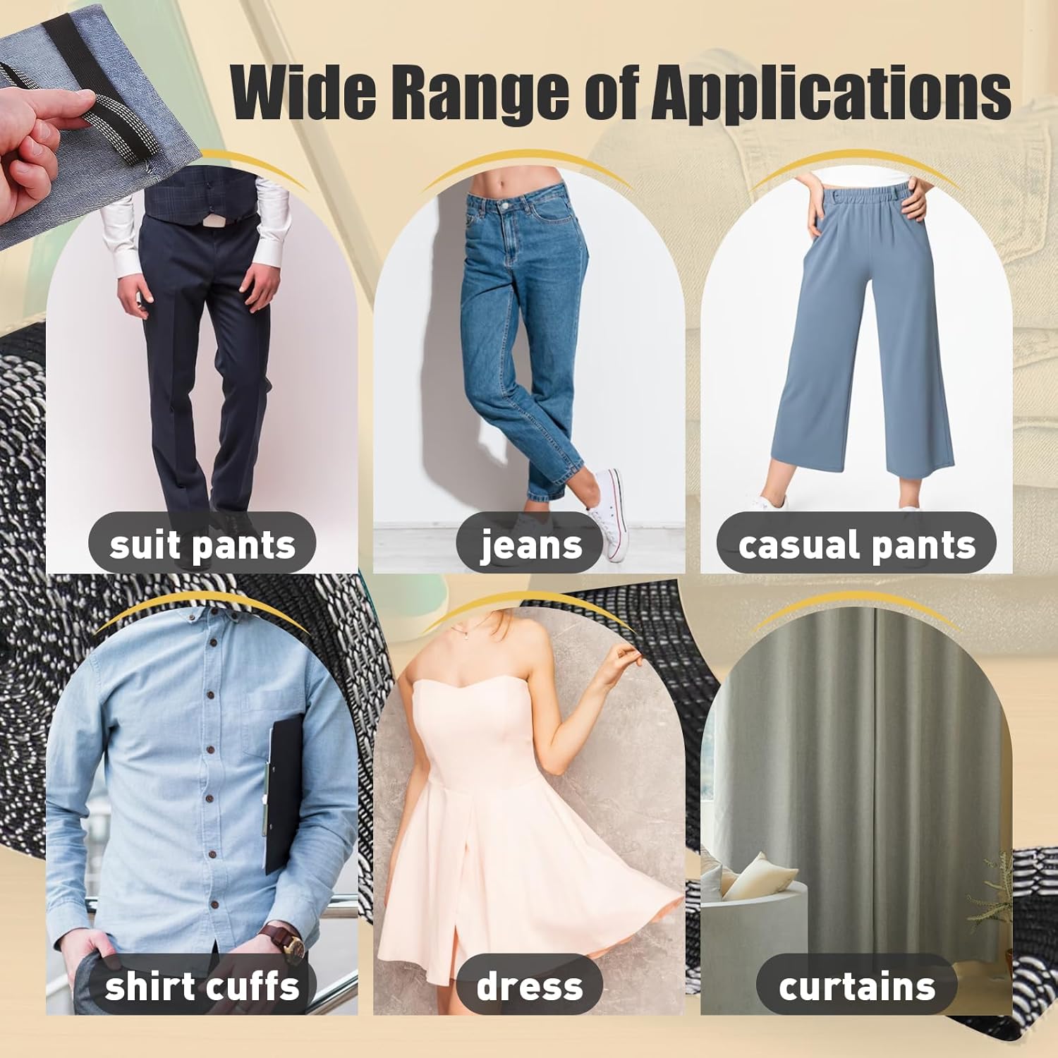 Iron-on hem tape roll with fabric tape strips, versatile for pants hems and repairs