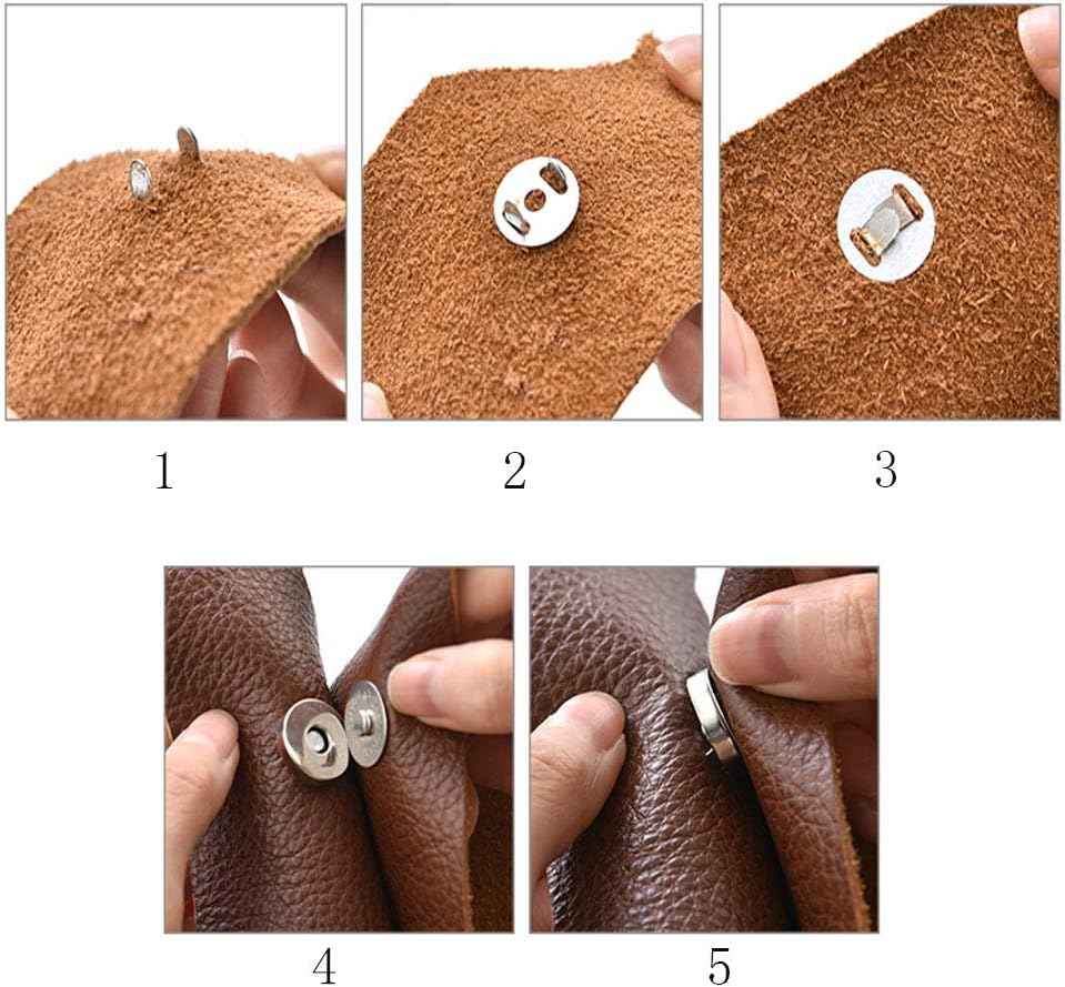 Magnetic snap button fasteners attached to tan leather, showing front and matching base