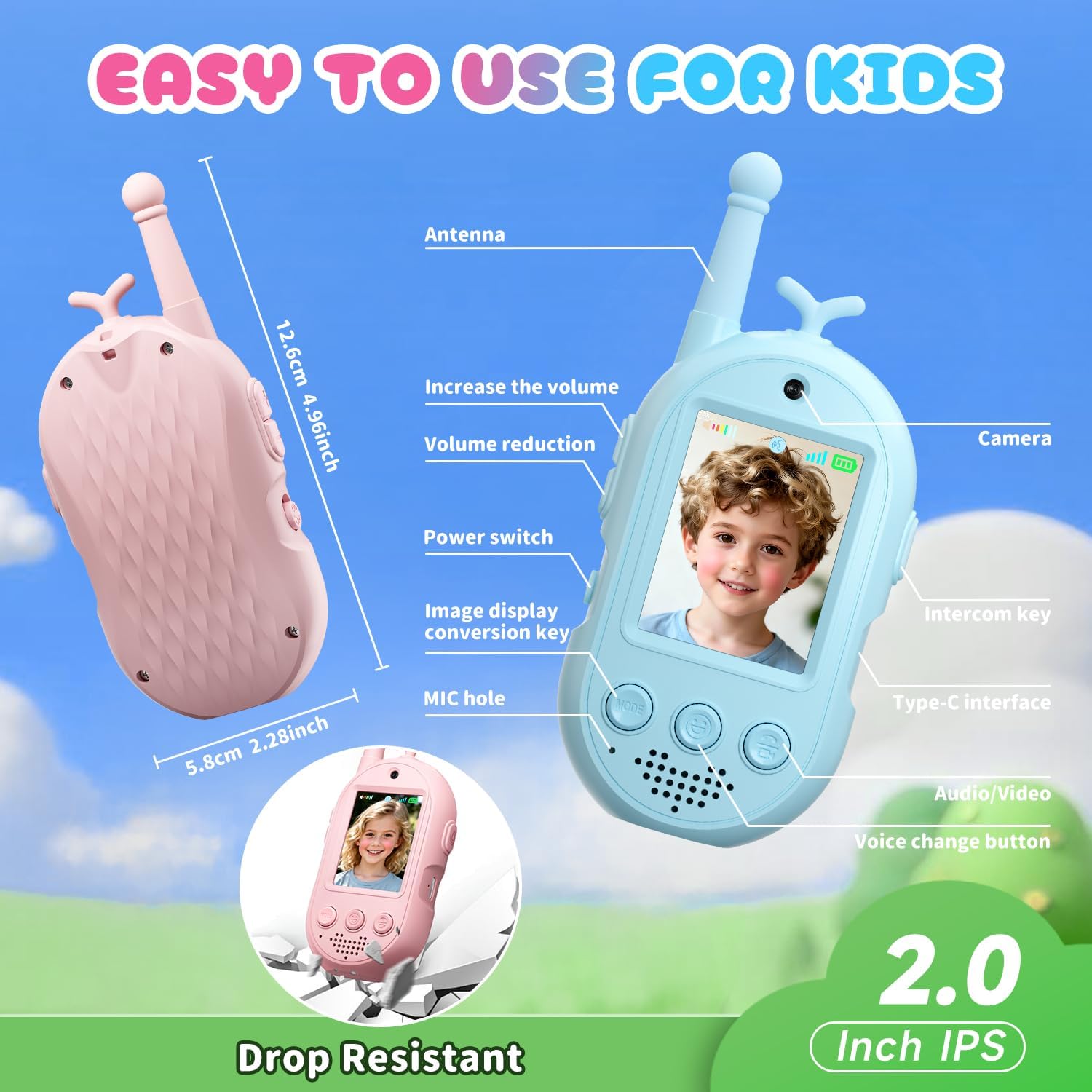 Walkie-Talkie Con Video Y Pantalla De 2″ Para Niños | Set De 2 Unidades Recargable Con Cambiador De Voz Para Juegos Al Aire Libre