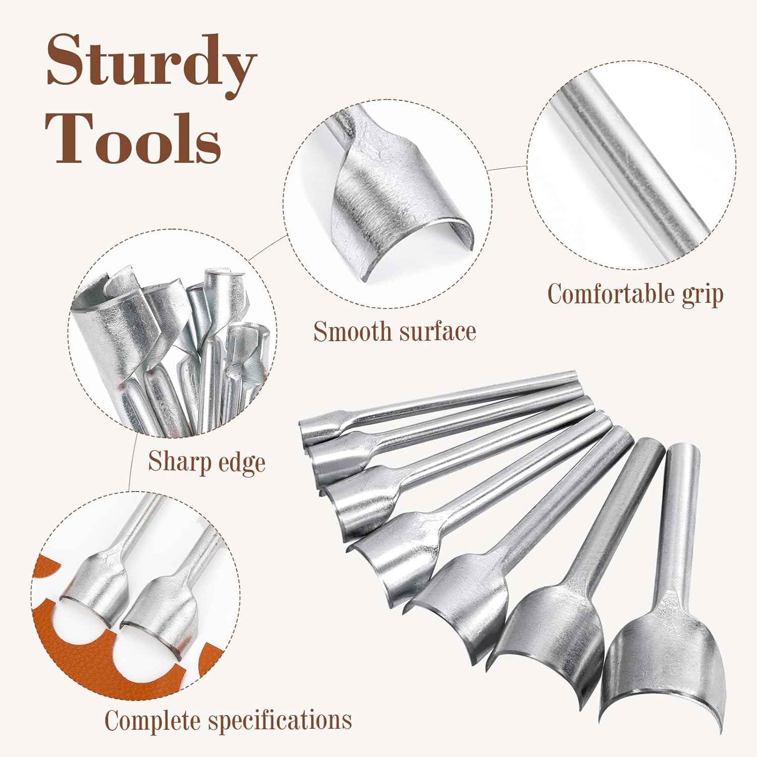 Half-round leather edge punches set with smooth metal surface and half-round cutting heads