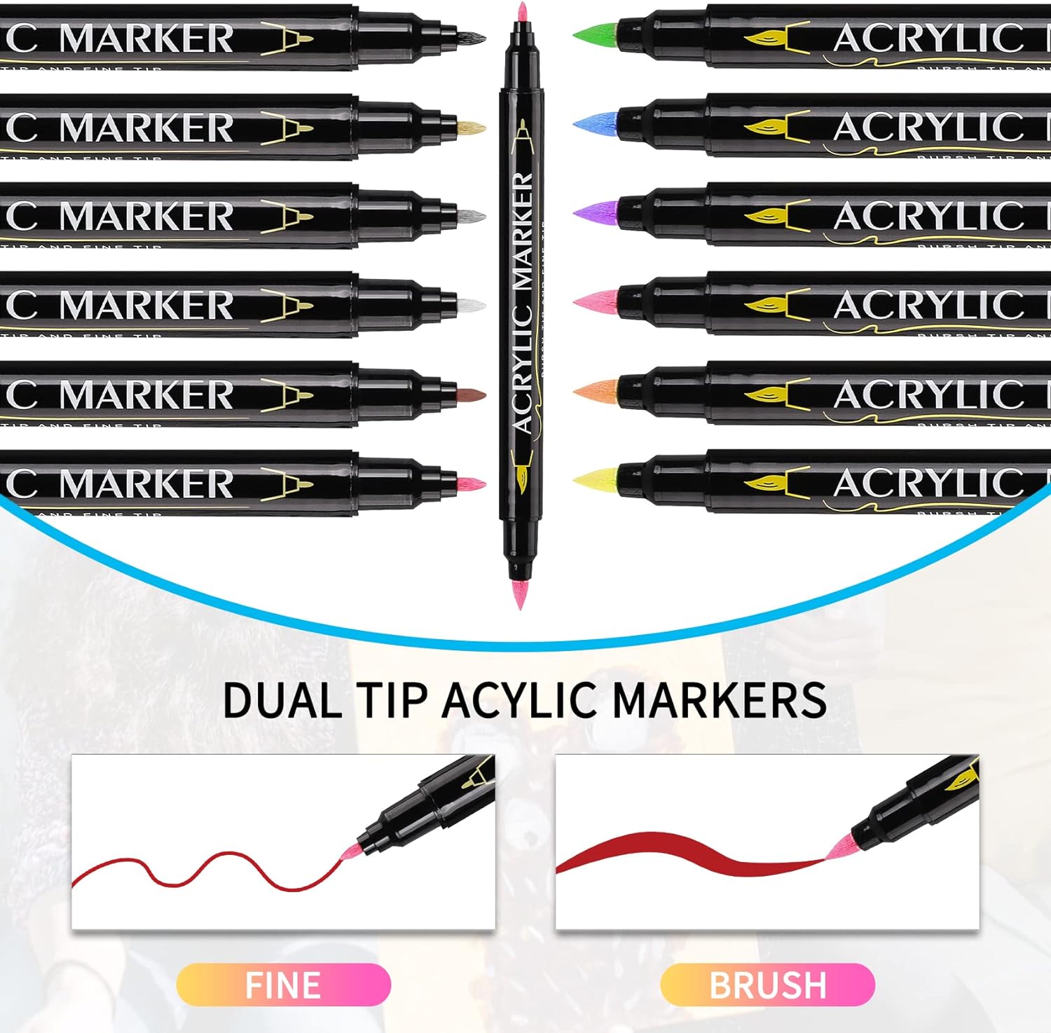Guangna 12 Colors Dual Brush Tip Acrylic Paint Markers