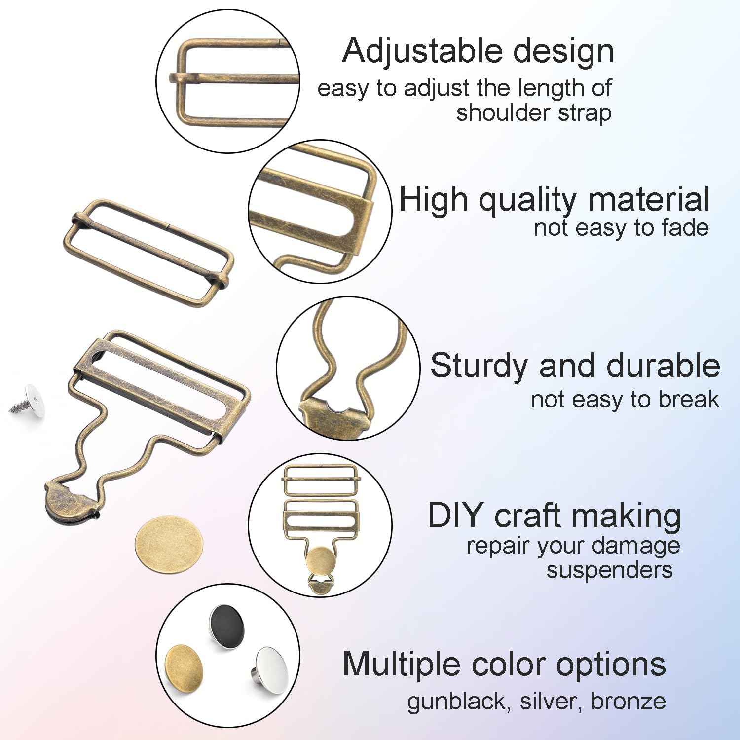 Adjustable metal overall buckles for 38mm straps, gunblack/bronze/silver set