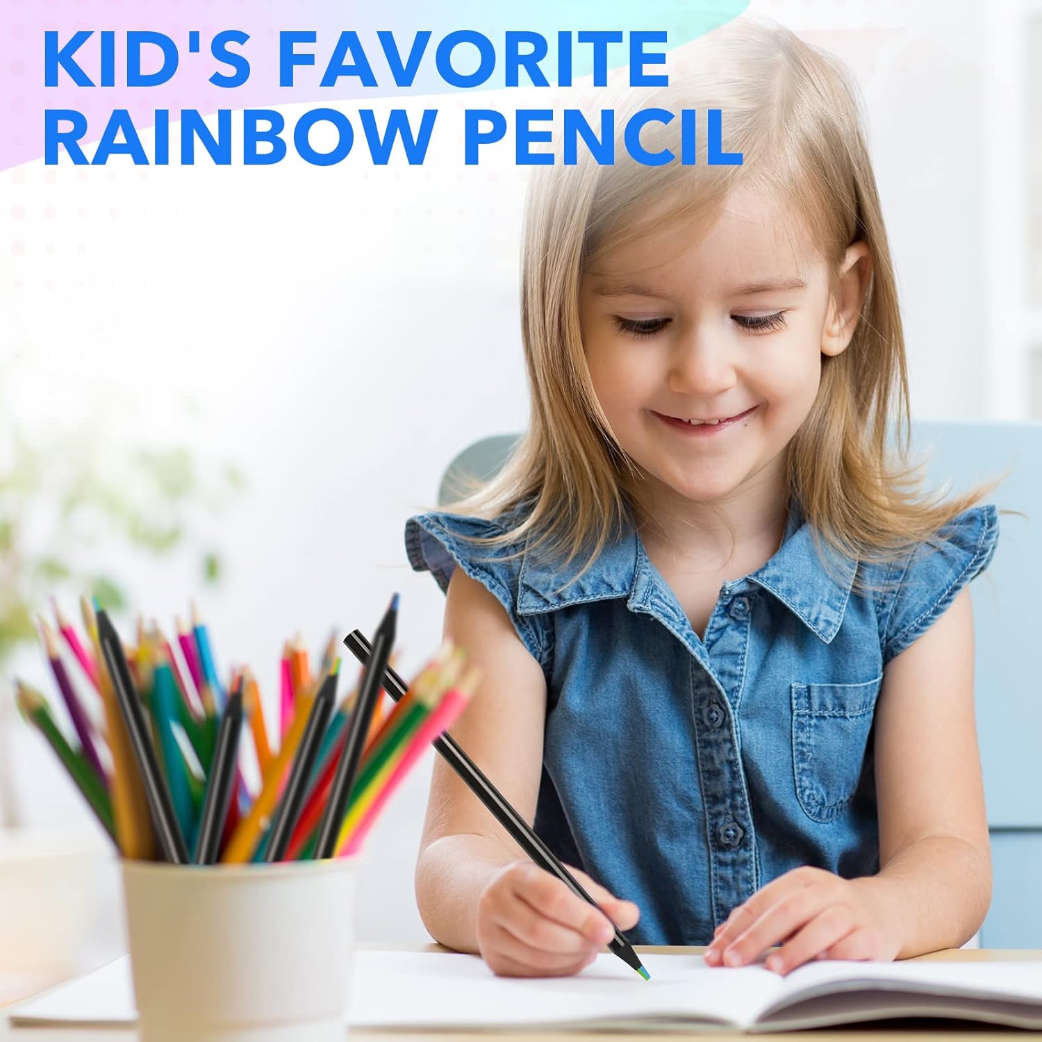 12PCS Black Wooden 7IN1 Rainbow Colored Art Drawing Pencils