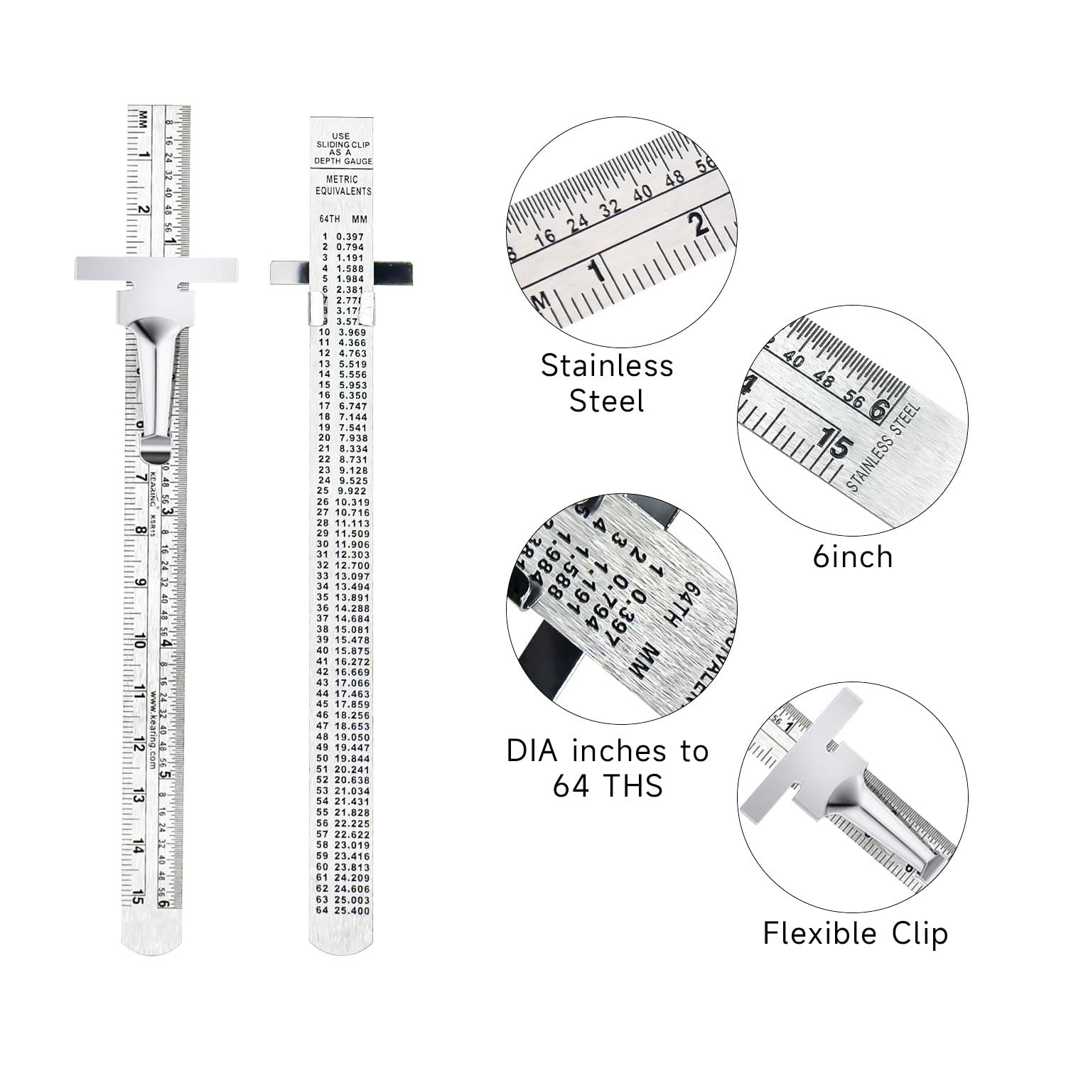 Pocket Clip Ruler 6 Inch Pocket Ruler Stainless Steel with Detachable Clips 2 Pack