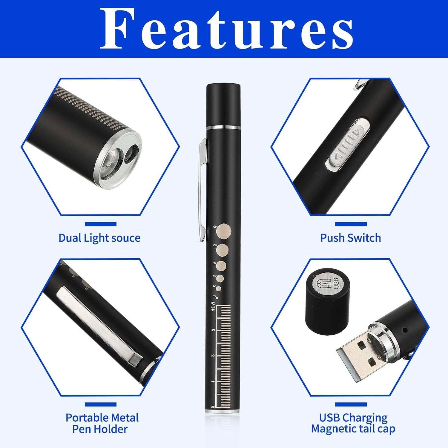 2pcs LED Pen Light for Students Doctors Nurses Black Silver