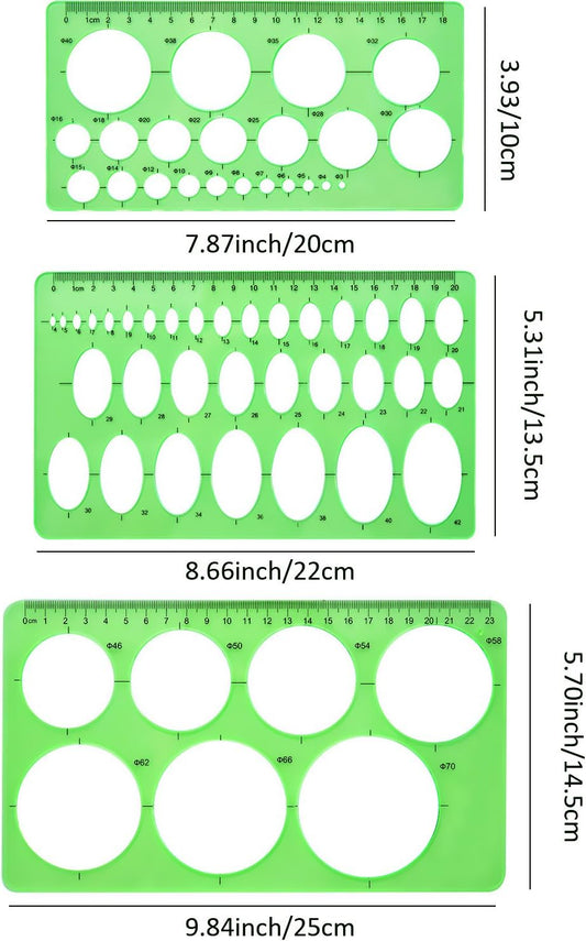 3Pcs Plastic Circle and Oval Measuring Templates Rulers