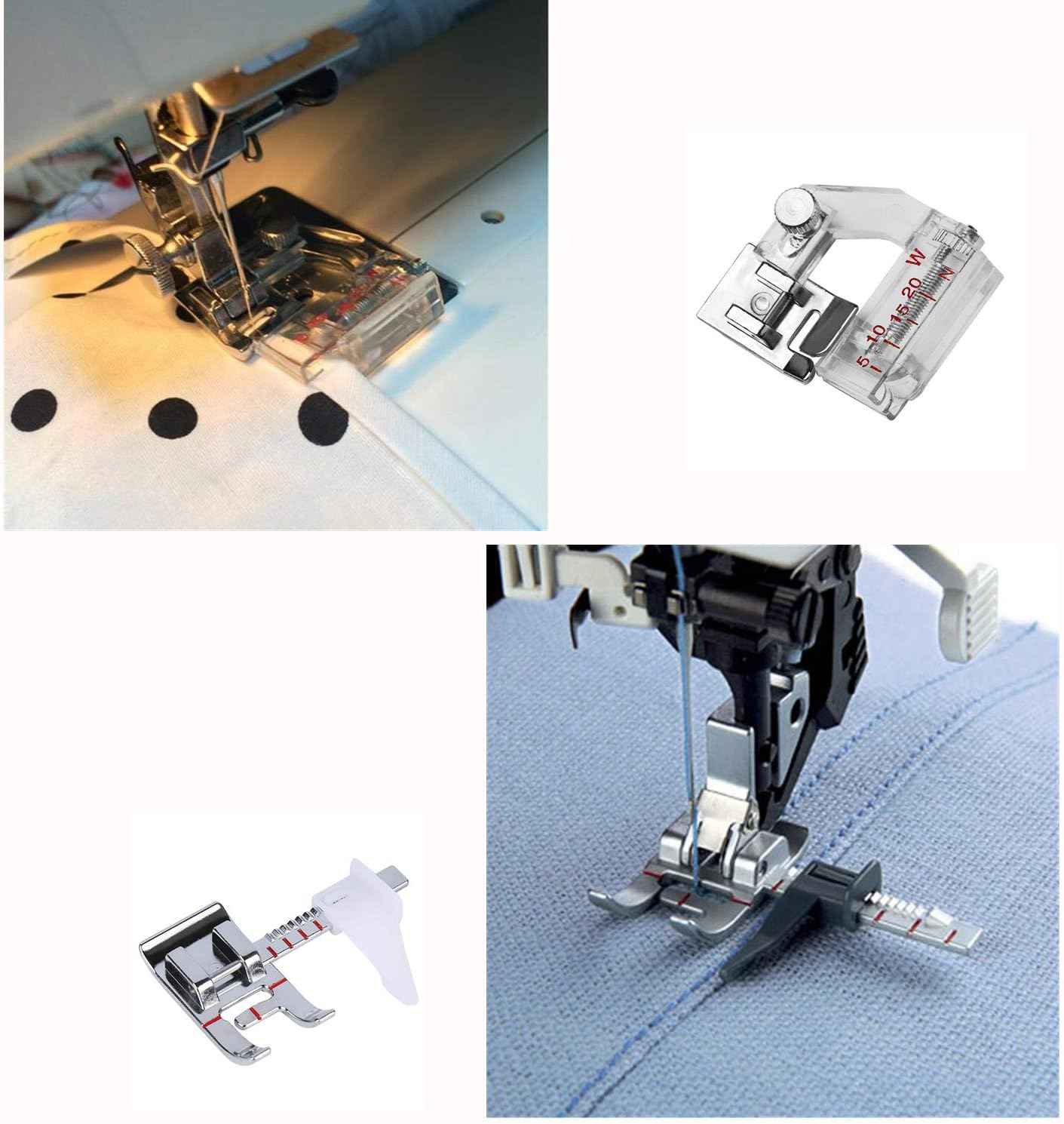 Wide hem presser foot set with metal guide, shown stitching a rolled hem on fabric