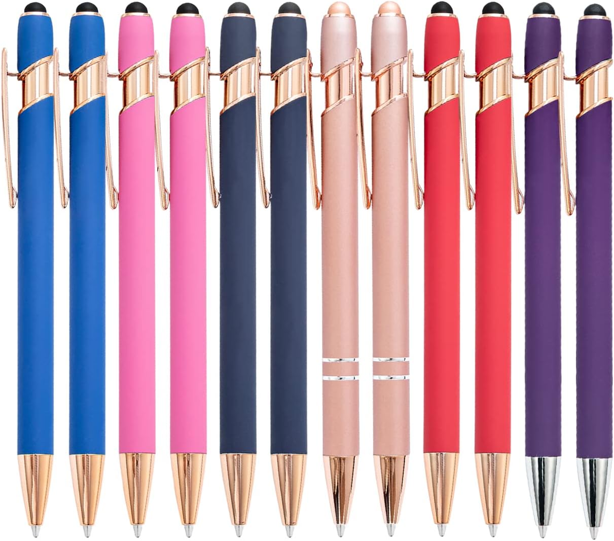 12 Pack Rainbow Rubberized Soft Touch Ballpoint Pen with Stylus Tip