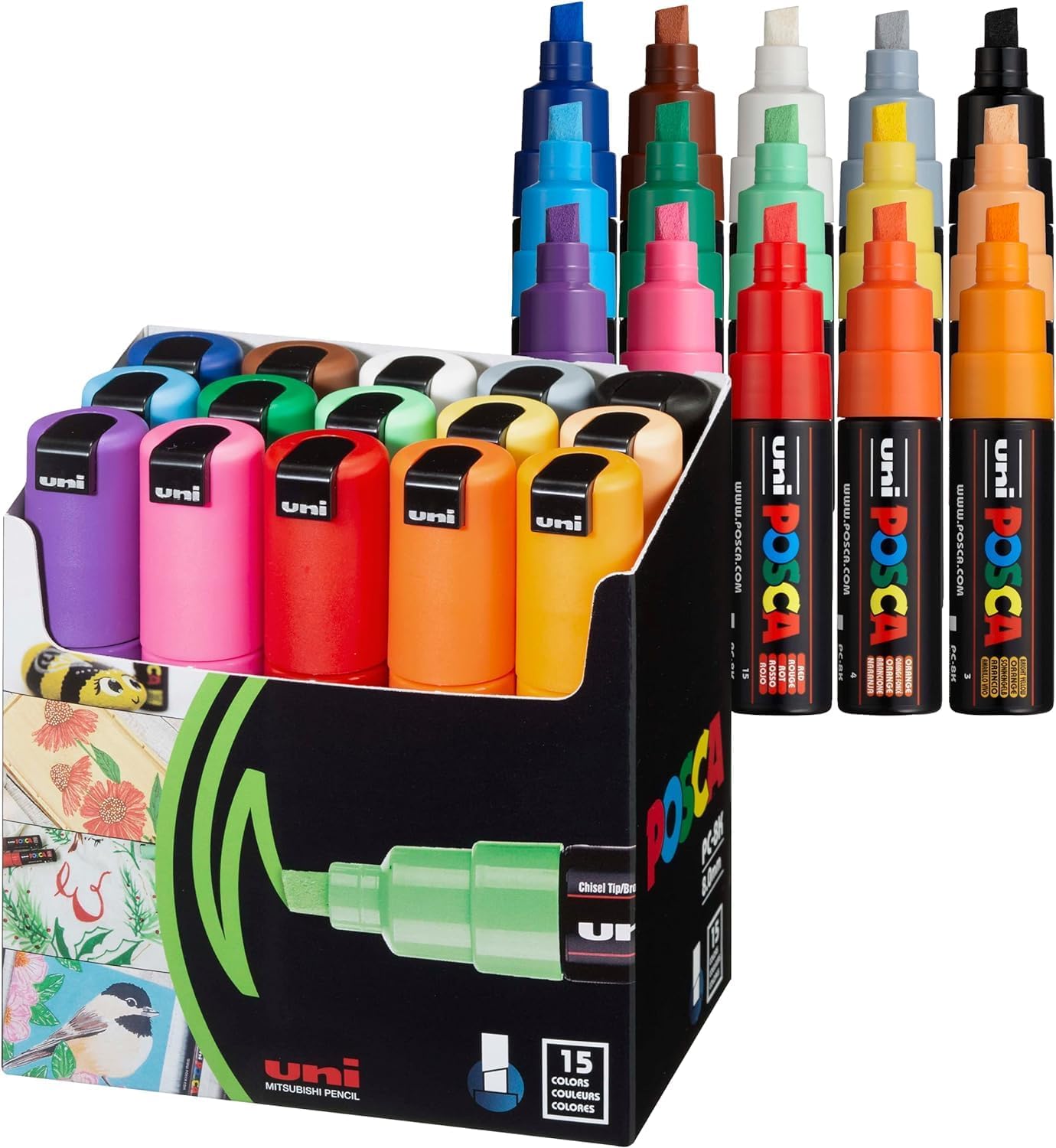 Uni Posca flomaster za barvanje PC-8K, široki ščetkasti konici, 15 barv