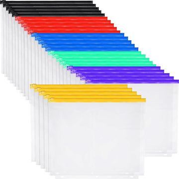 30 Pack A4 Binder Pockets 3 Holes Binder Pouches with Zipper (5 Color)
