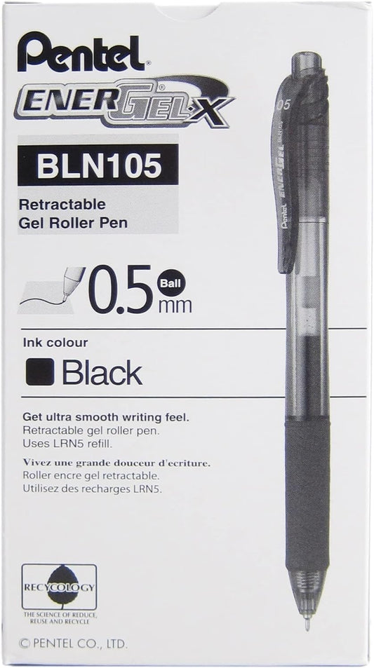 Pentel EnerGel-X Retractable Gel Pen, 0.5 mm, Black, Pack of 12