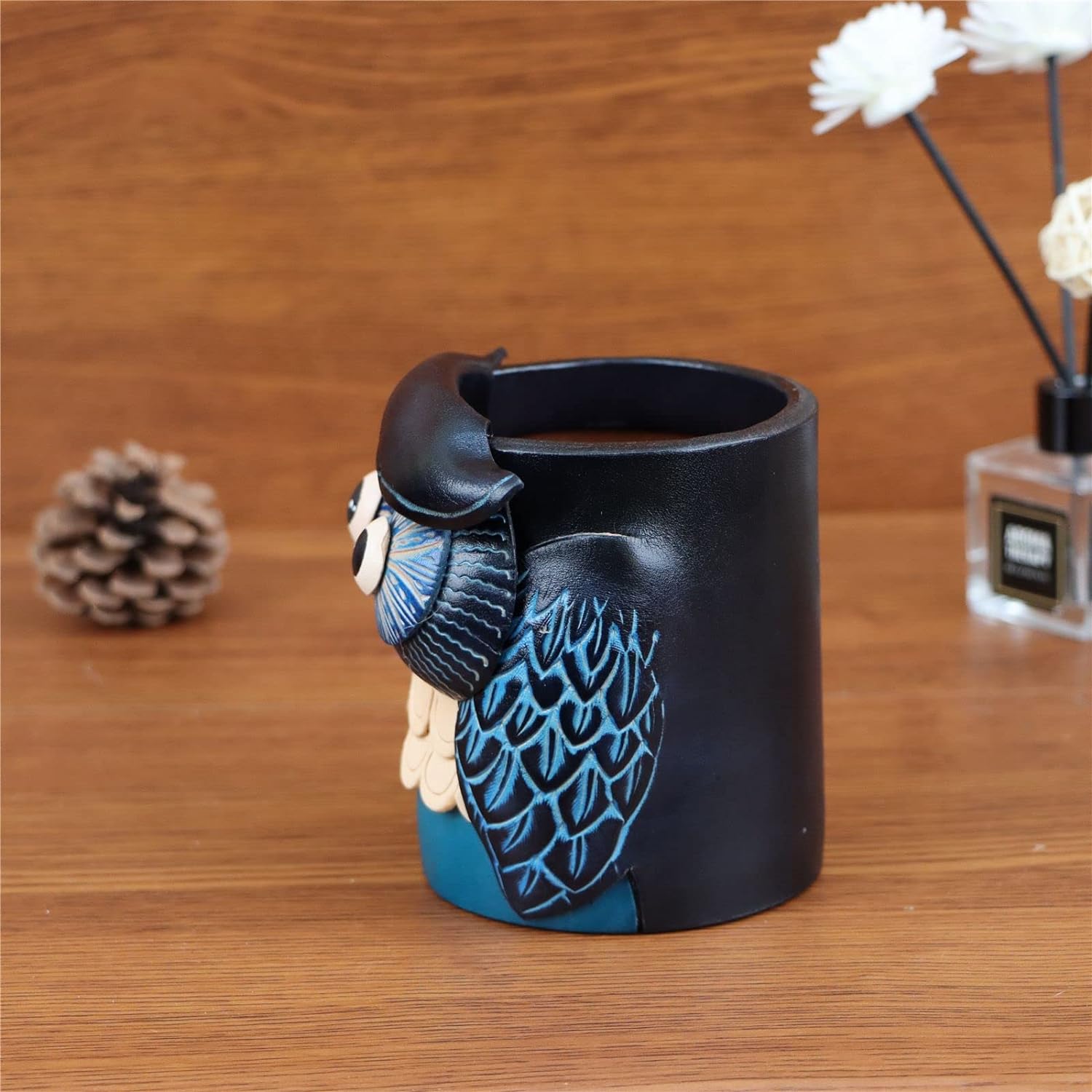 Leather Cowhide Owl Desktop Decorative Pen Holder Organizer