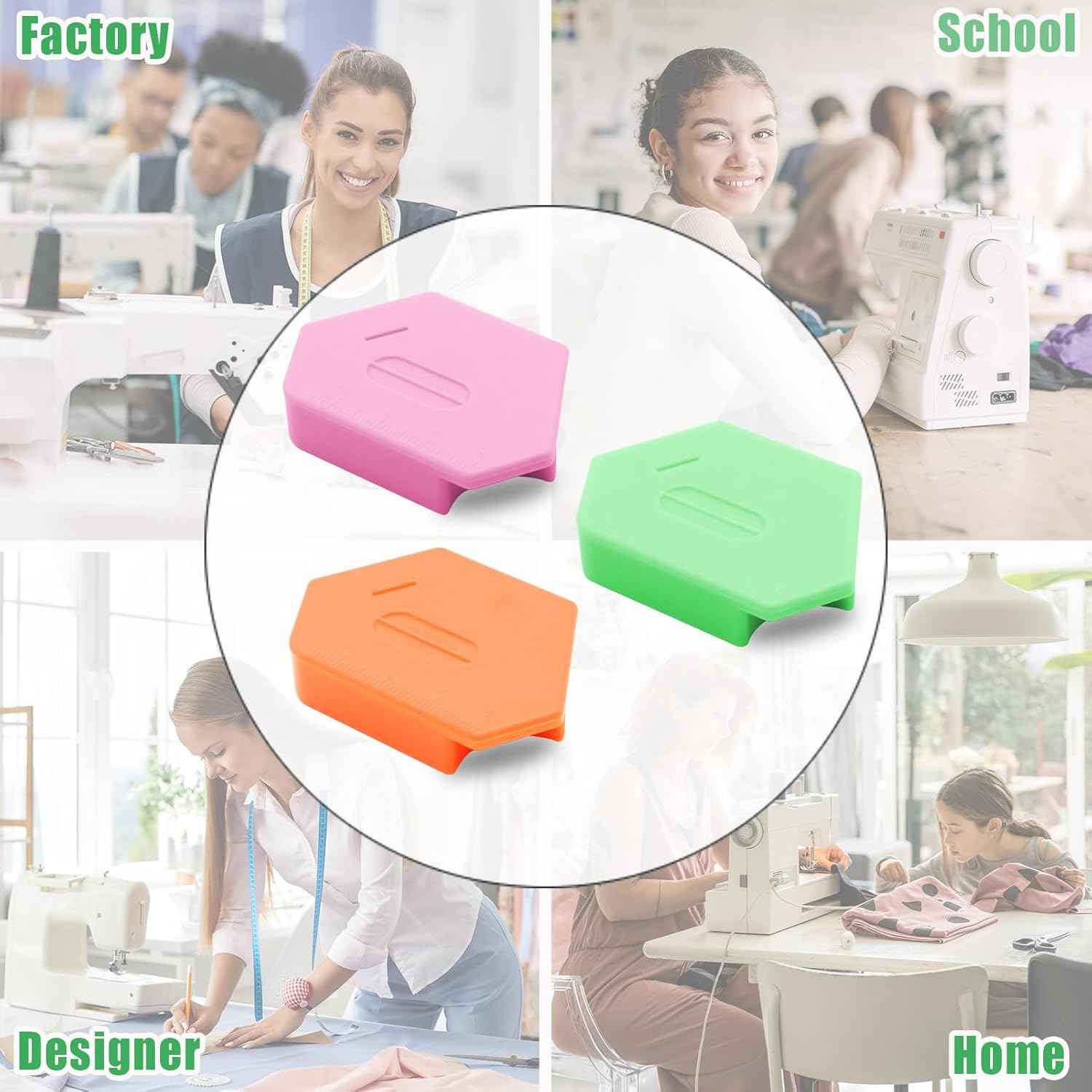 Three magnetic seam guides (pink, green, orange) for sewing machine use