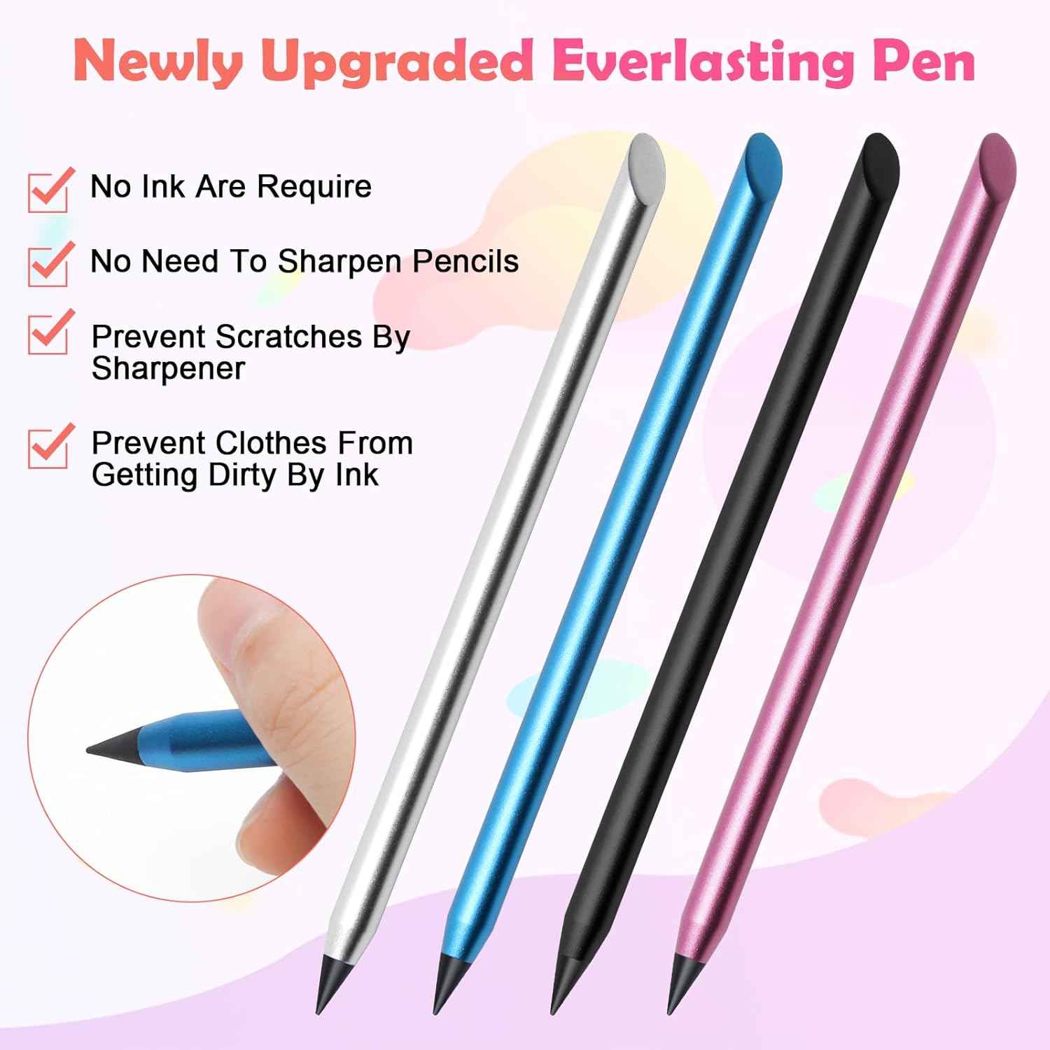 4 Pack Metal Inkless Pencil with Eraser and Replaceable Nibs