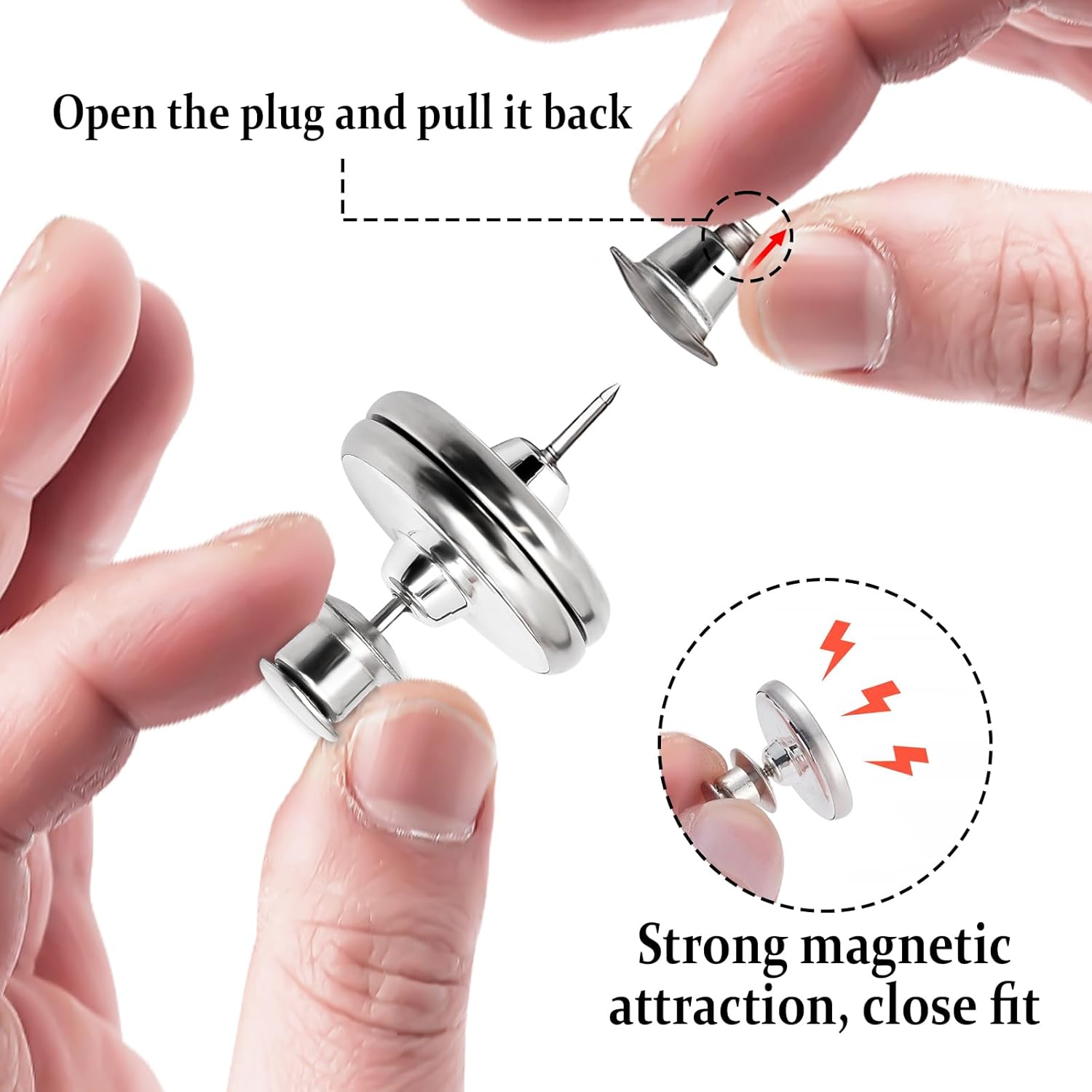Magnetic curtain clip with pin and button cap, held between fingers