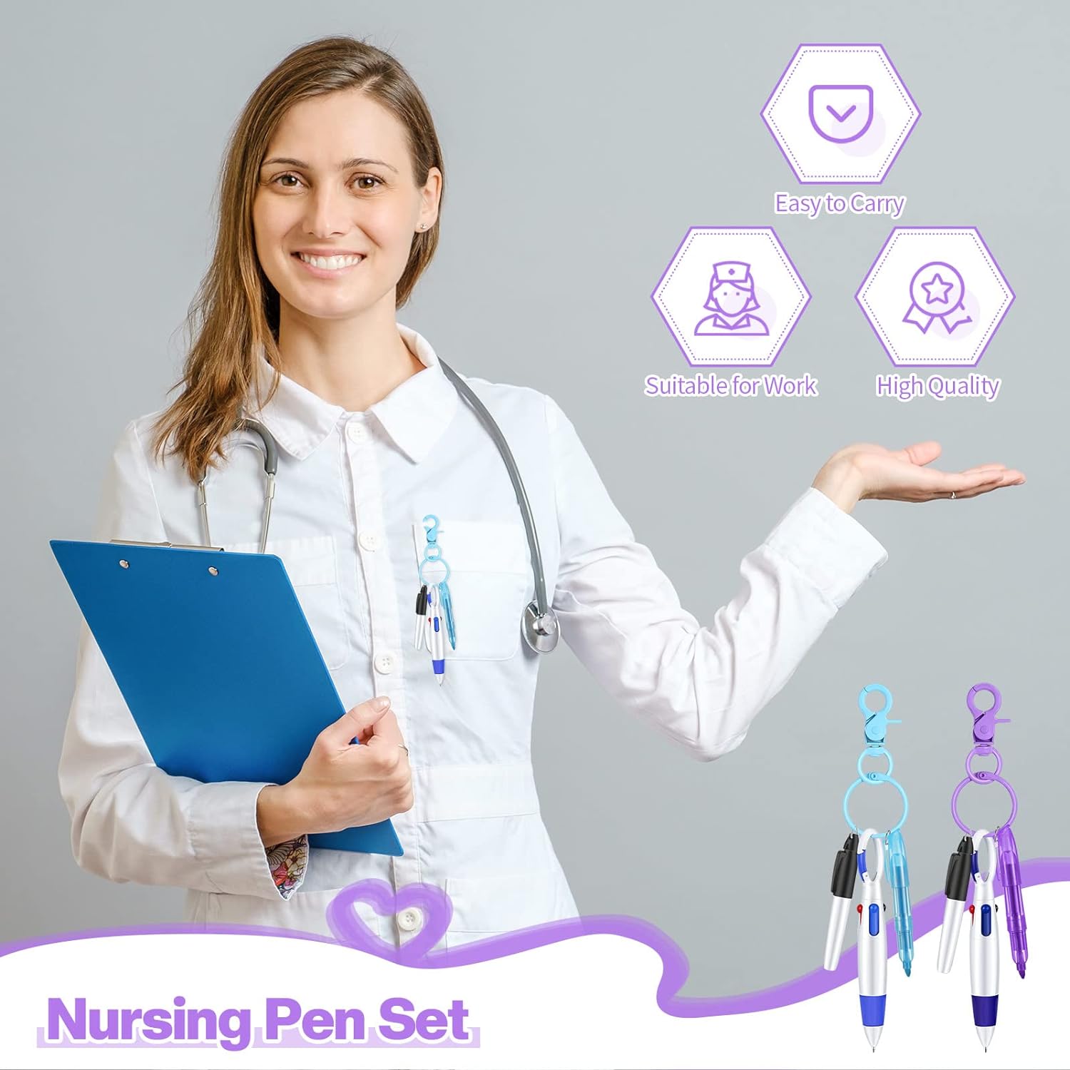 Nurse Ballpoint Highlighter Marker Pen Set with Keychain Clip