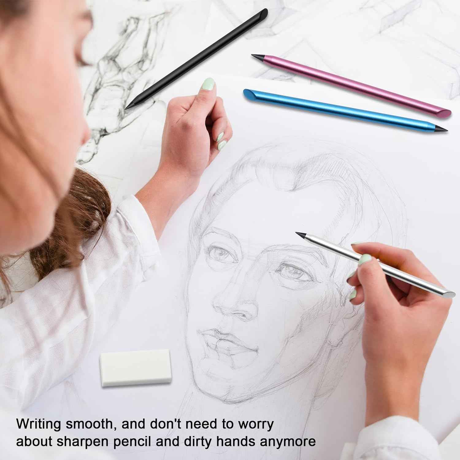 4 Pack Metal Inkless Pencil with Eraser and Replaceable Nibs