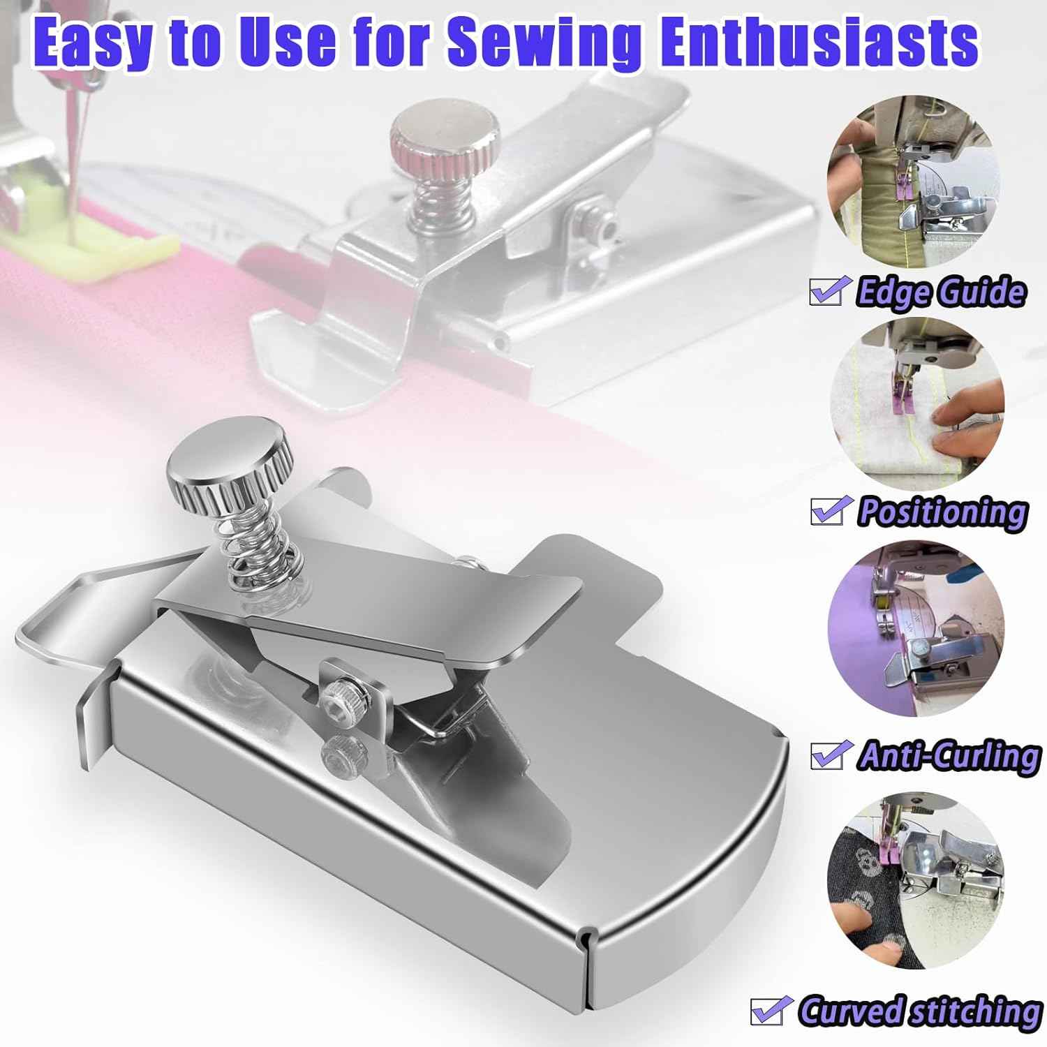 Magnetic seam guide with edge guide and curved channel for steady stitching
