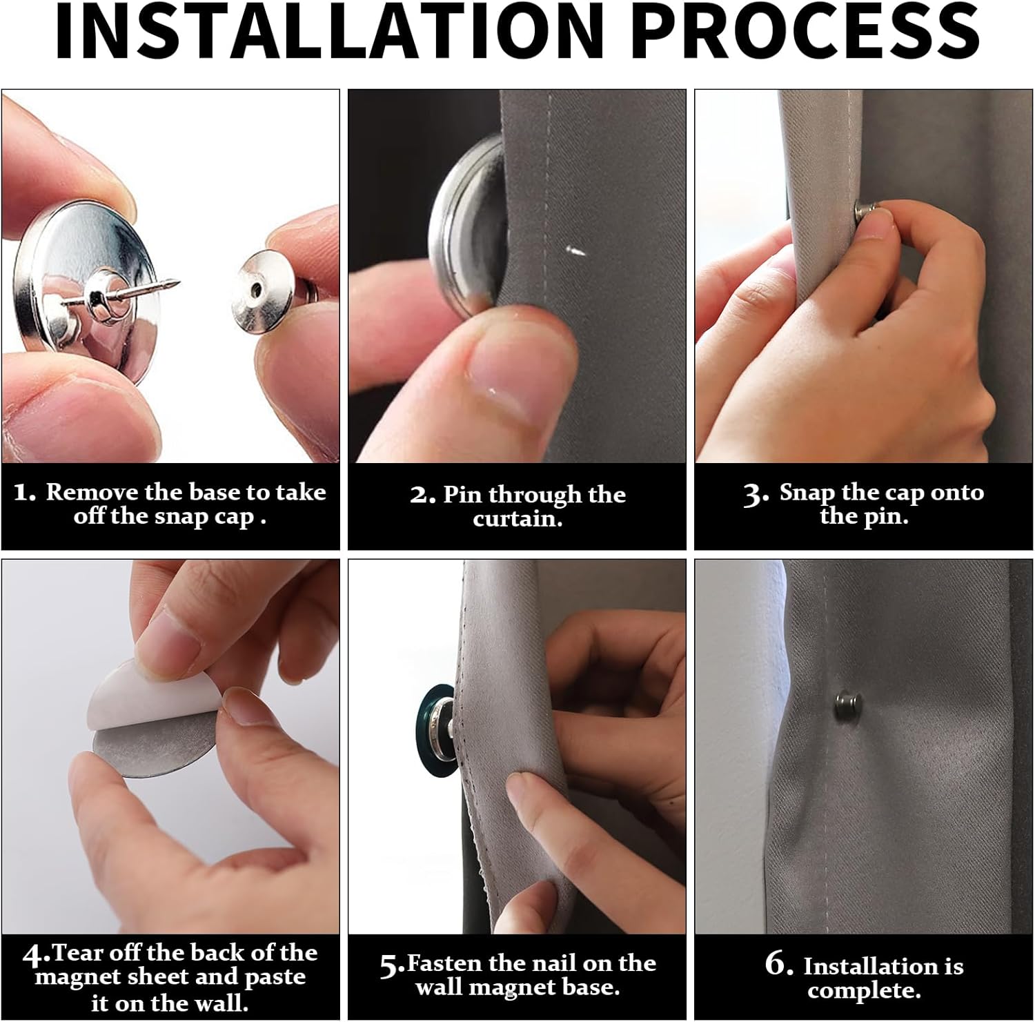 Curtain magnet clip installation shown with hands attaching pin and cap