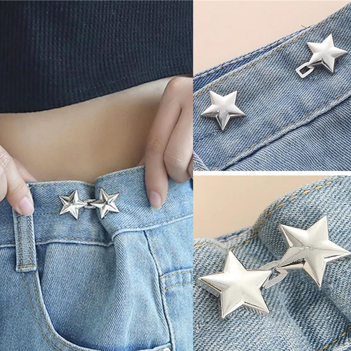 Hand snaps star stud buttons onto denim waistband, silver star pair