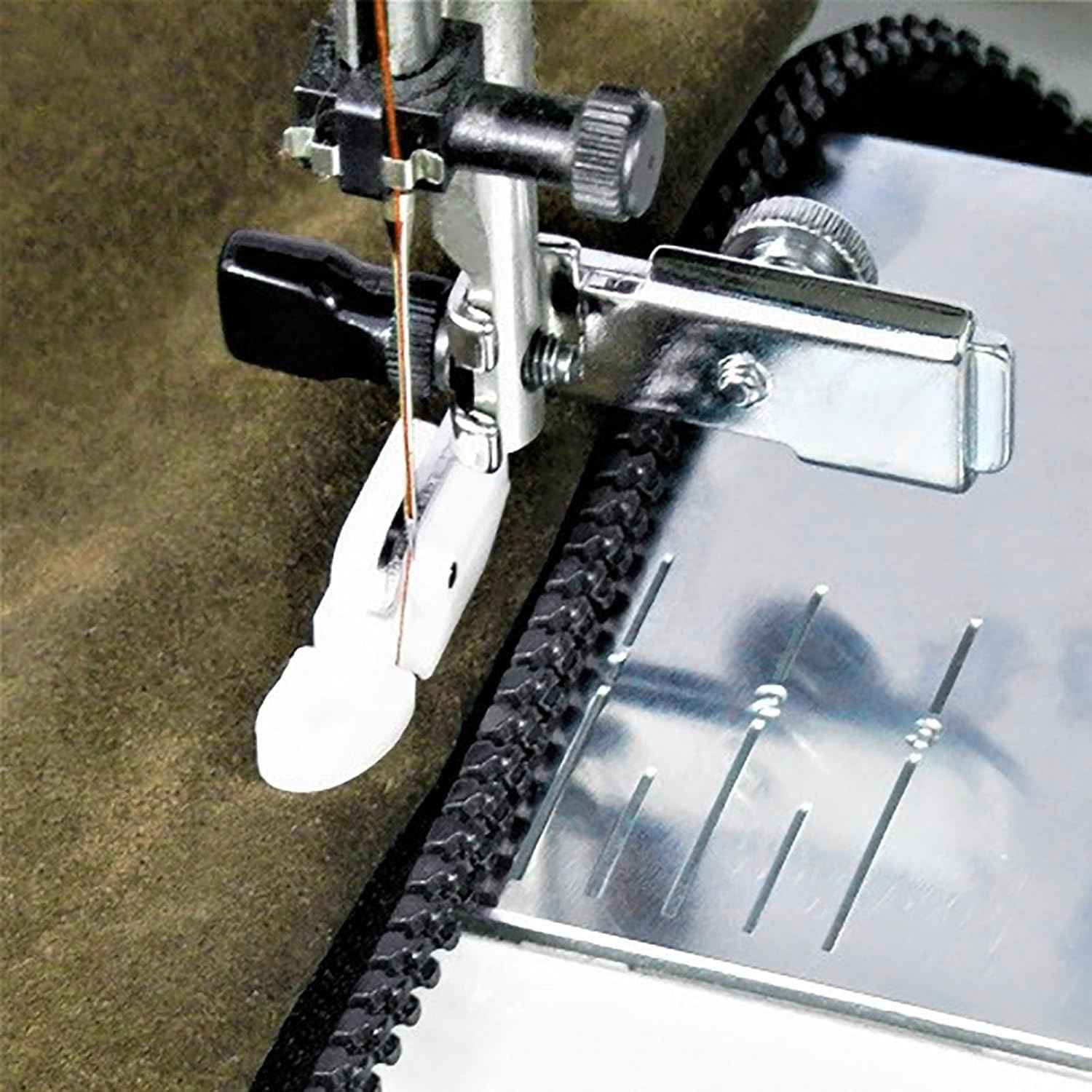 Zip/cord piping presser foot fitted on sewing machine, guiding foot along fabric edge