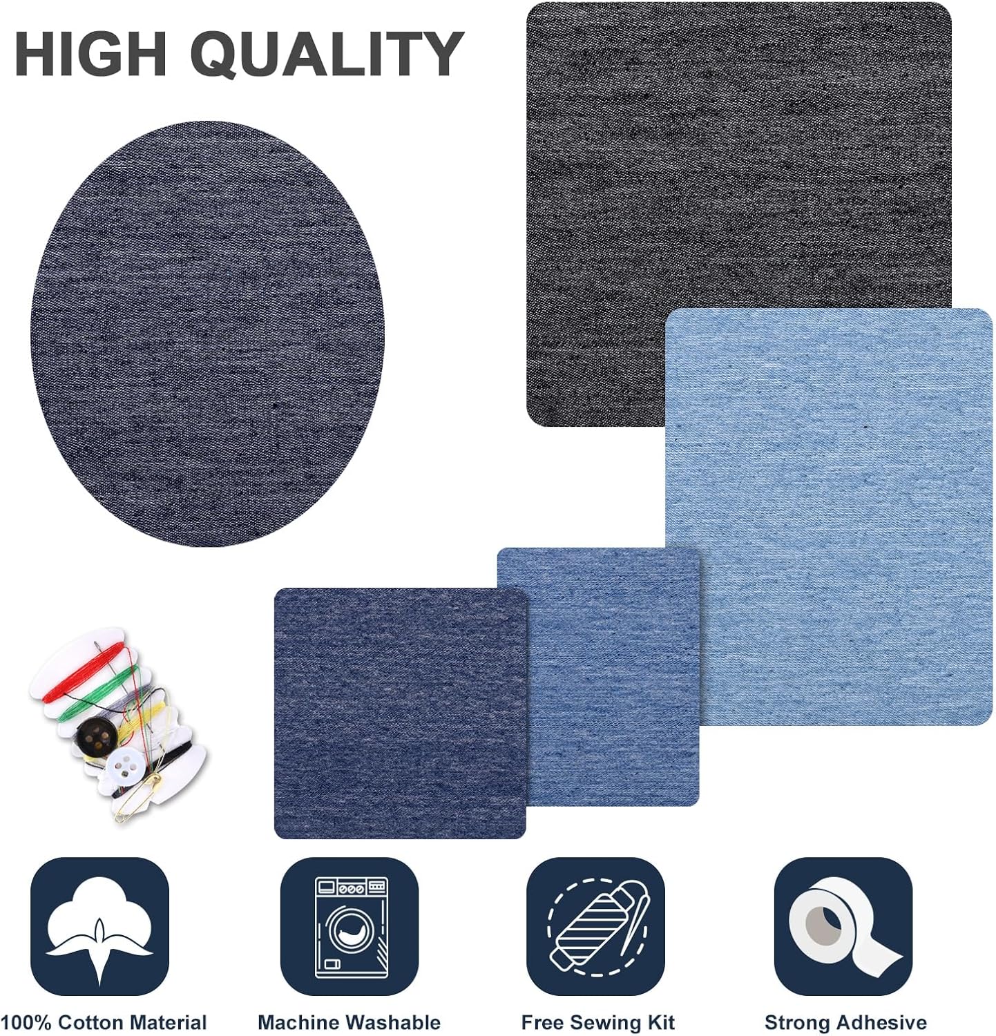 25 denim iron-on patches in dark blue and light blue, plus small button and thread kit