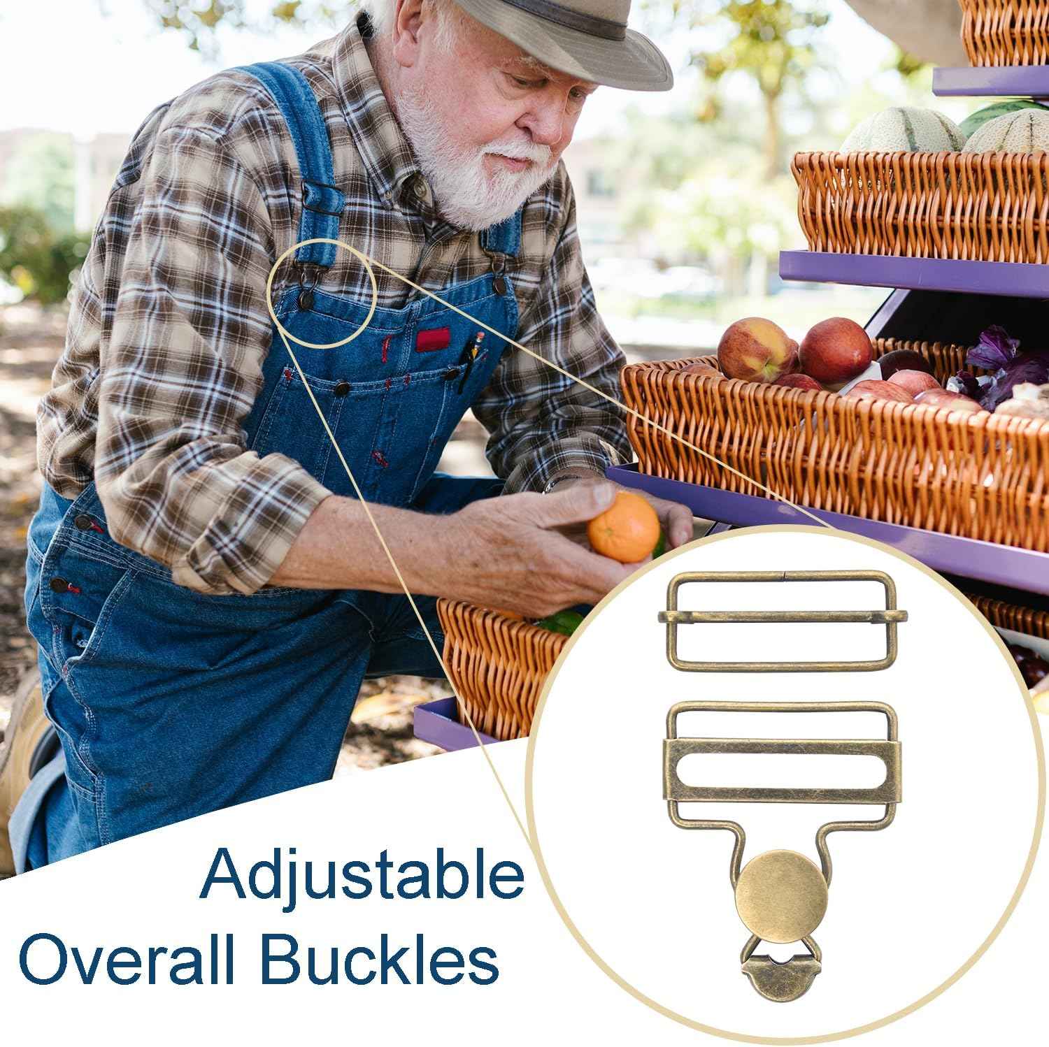 Bronze adjustable overall buckles with two rectangular bar buckles and round clip