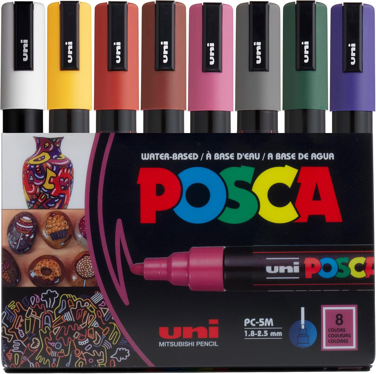 Uni Posca Značkovač na malování PC-5M - Střední hrot - 8 barev - Tmavý tón