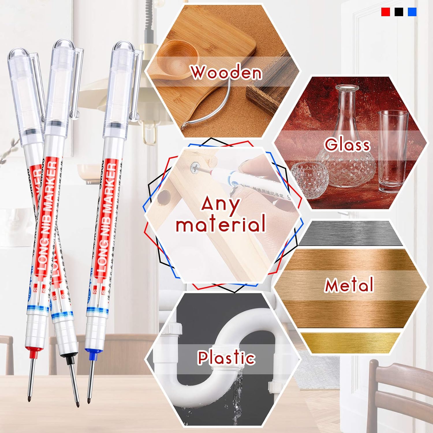 6PCS Deep Drill Hole Long Nib Waterproof Marker Pens Red Black Blue